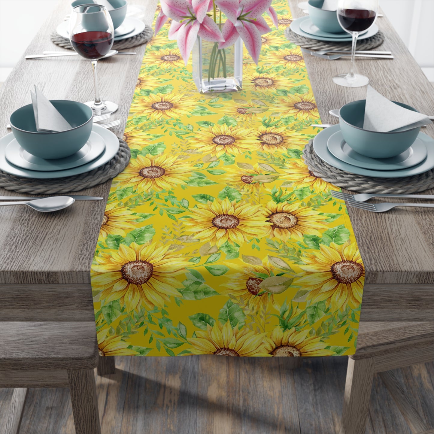 Sunflower Print Table Runner - Bright and Cheerful, Cotton Twill or Polyester - Perfect for Sunny Home Decor