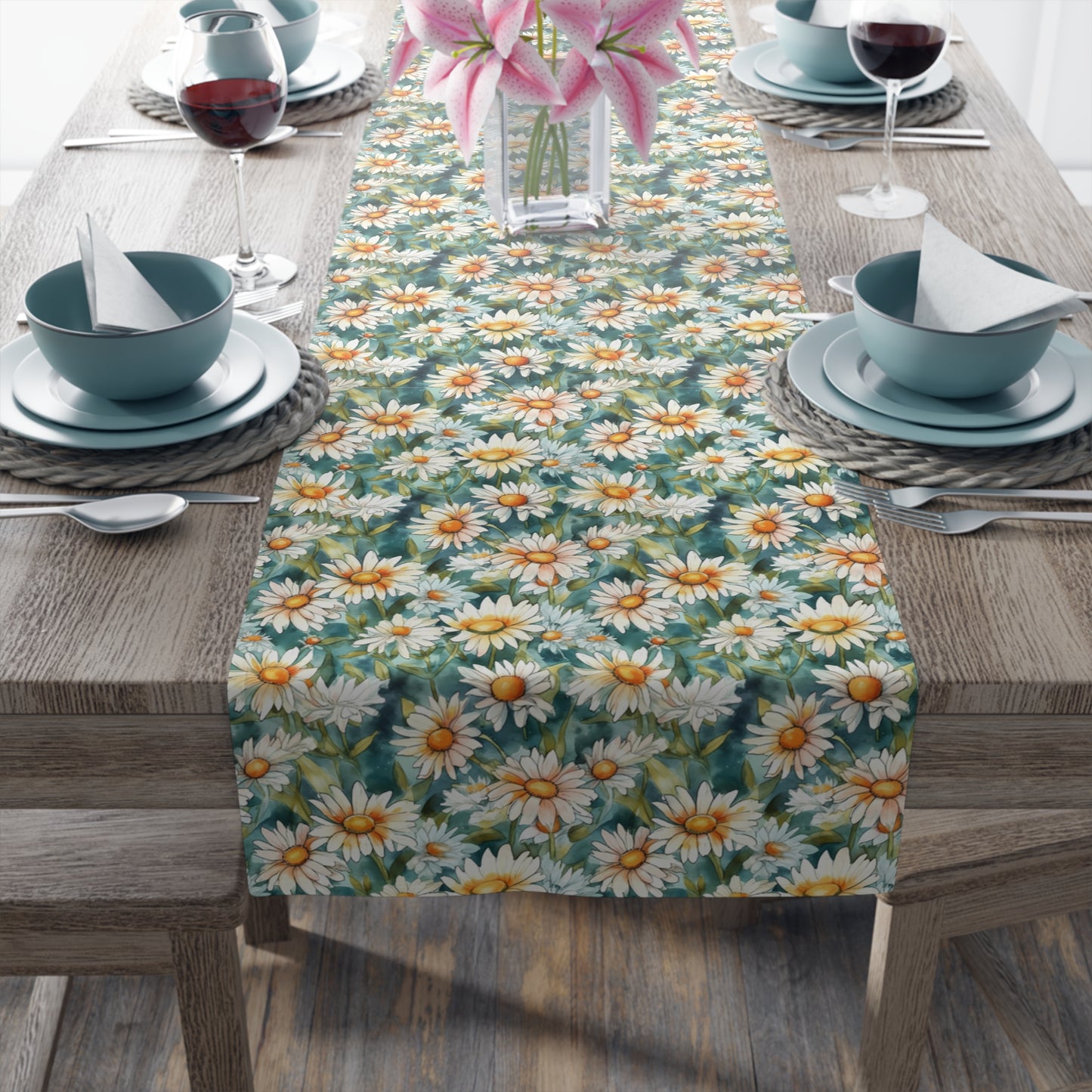 Daisy Print Table Runner - Fresh and Simple, Cotton Twill or Polyester - Perfect for Light & Airy Home Decor