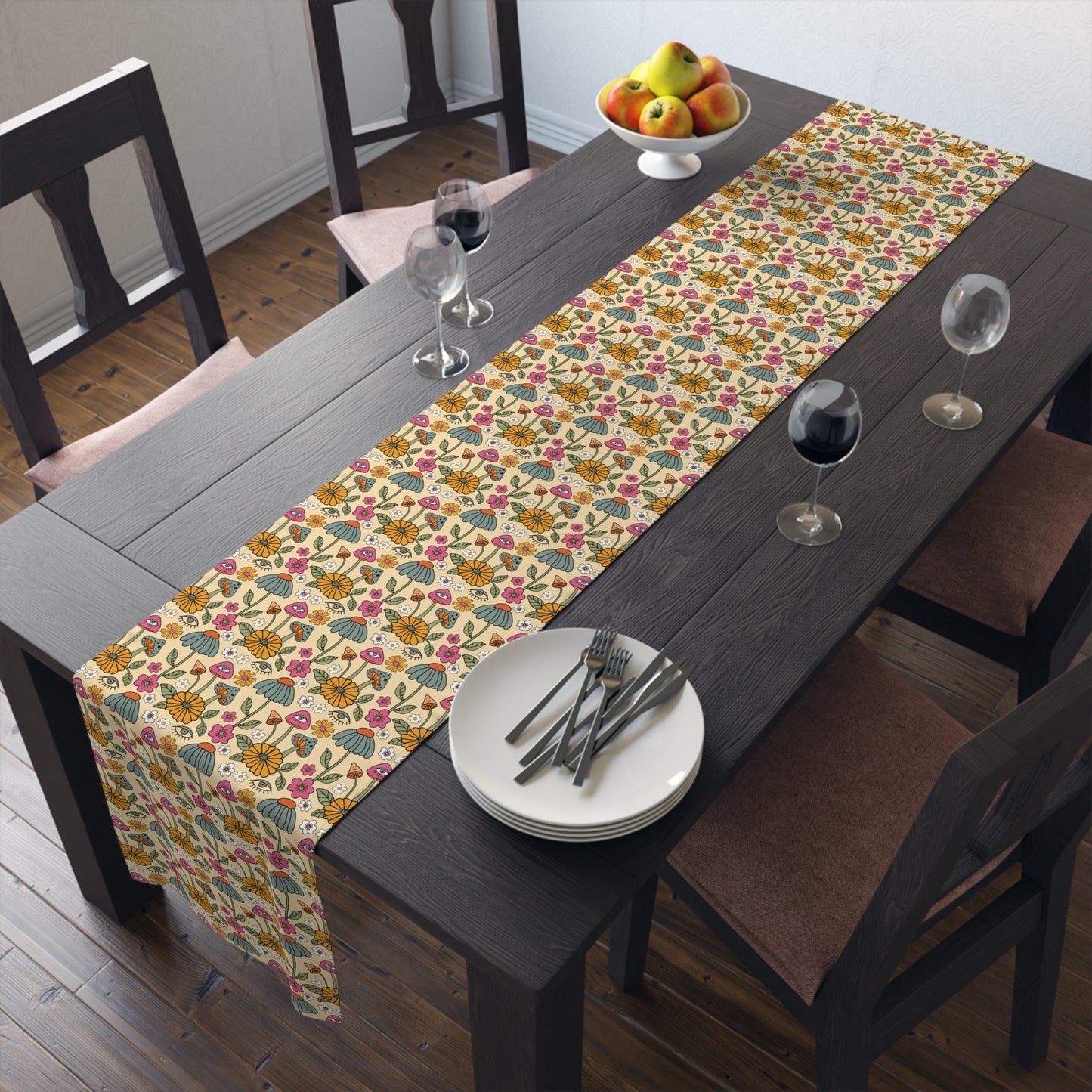 Retro Floral Print Table Runner - Vintage Vibes, Cotton Twill or Polyester - Perfect for Nostalgic & Chic Home Decor