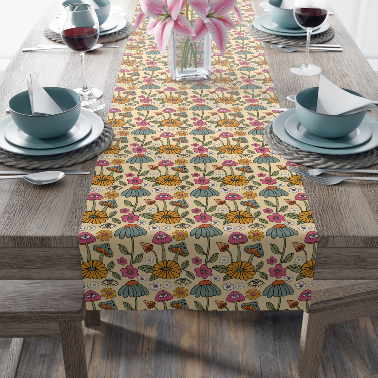 Retro Floral Print Table Runner - Vintage Vibes, Cotton Twill or Polyester - Perfect for Nostalgic & Chic Home Decor