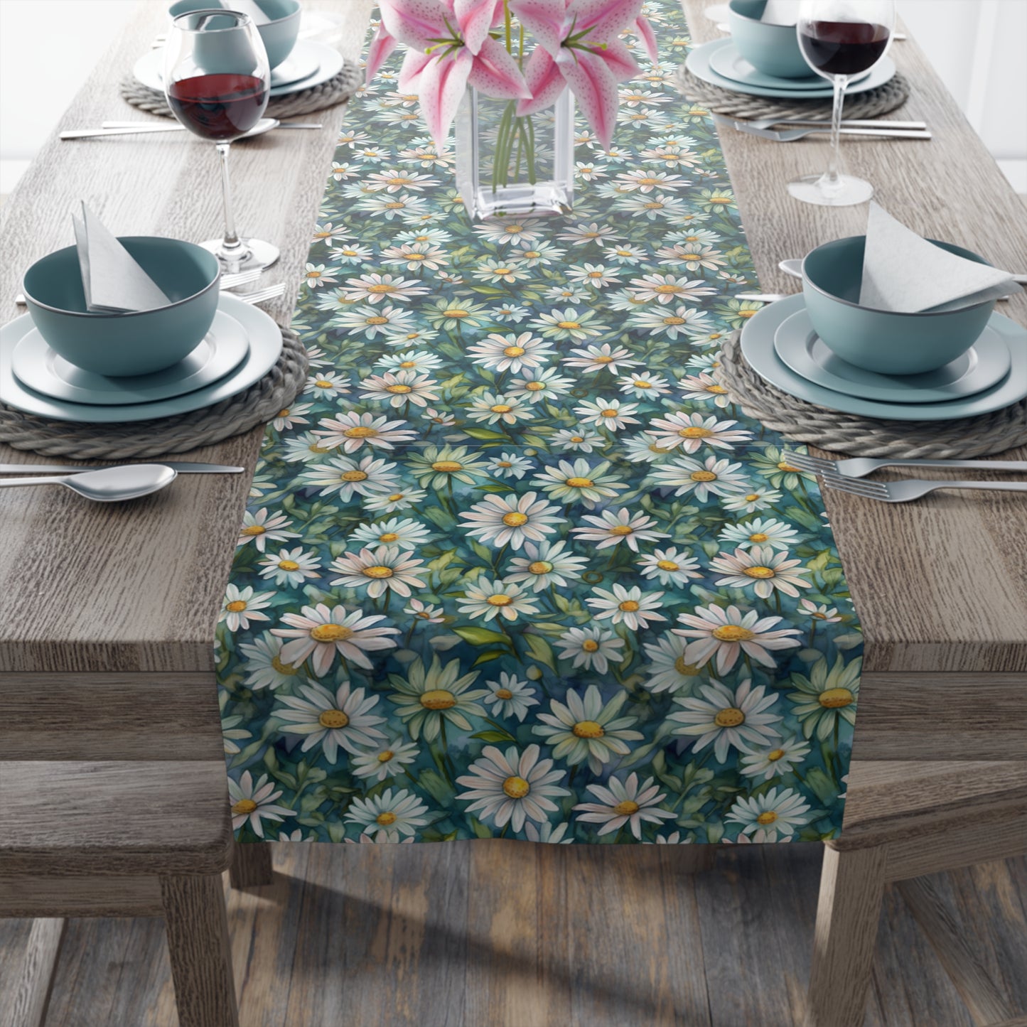 Daisy Print Table Runner - Fresh and Simple, Cotton Twill or Polyester - Perfect for Light & Airy Home Decor