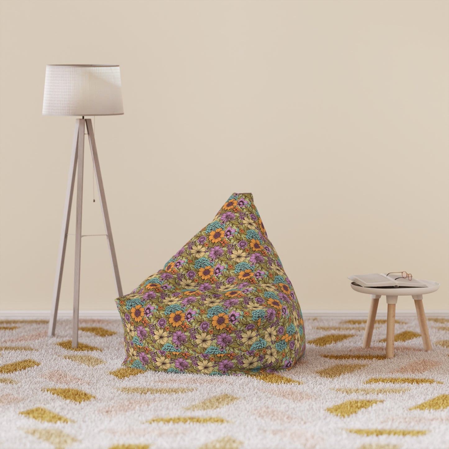 Boho Floral Bean Bag Chair Cover - Durable Polyester, Locking Zipper, 2 Sizes