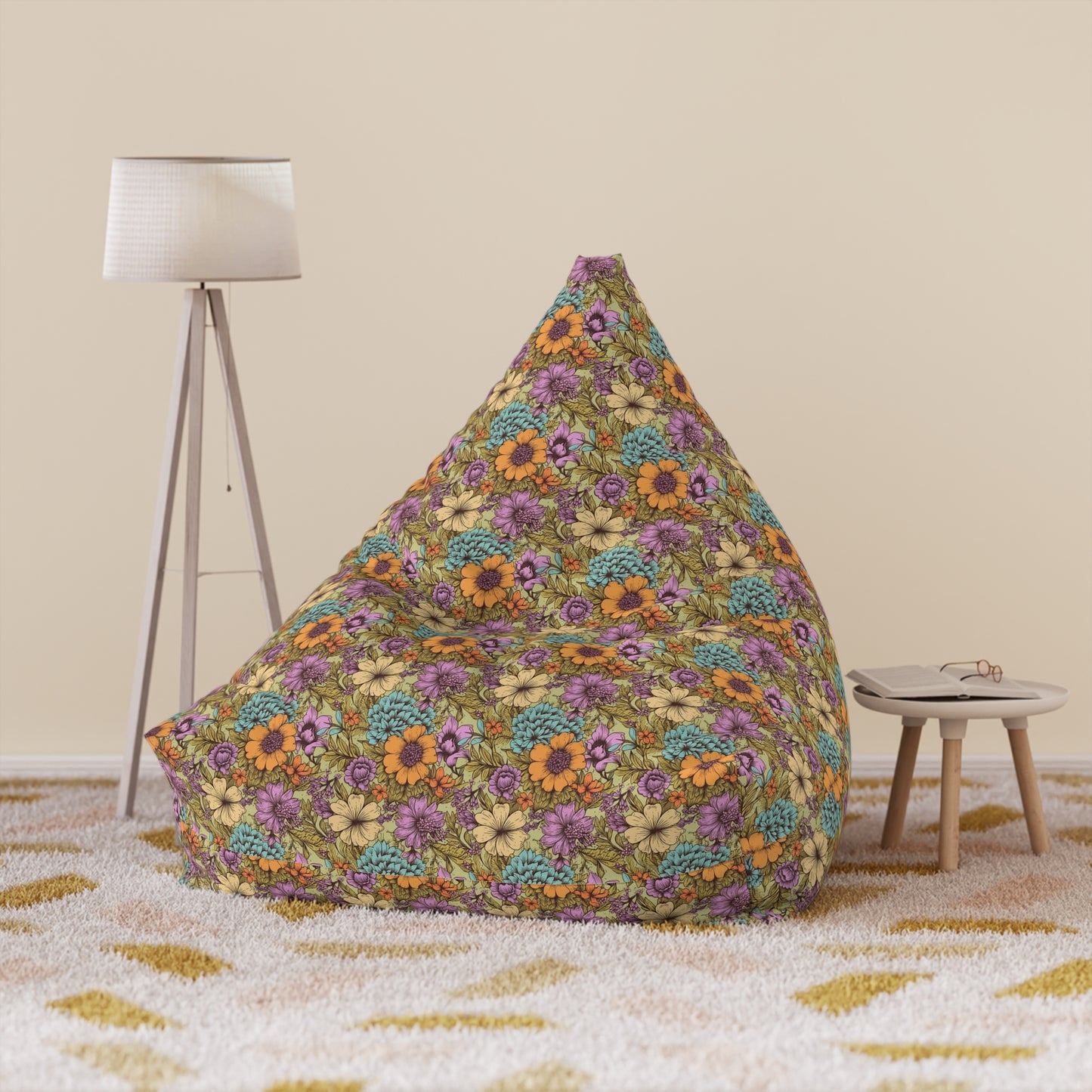 Boho Floral Bean Bag Chair Cover - Durable Polyester, Locking Zipper, 2 Sizes