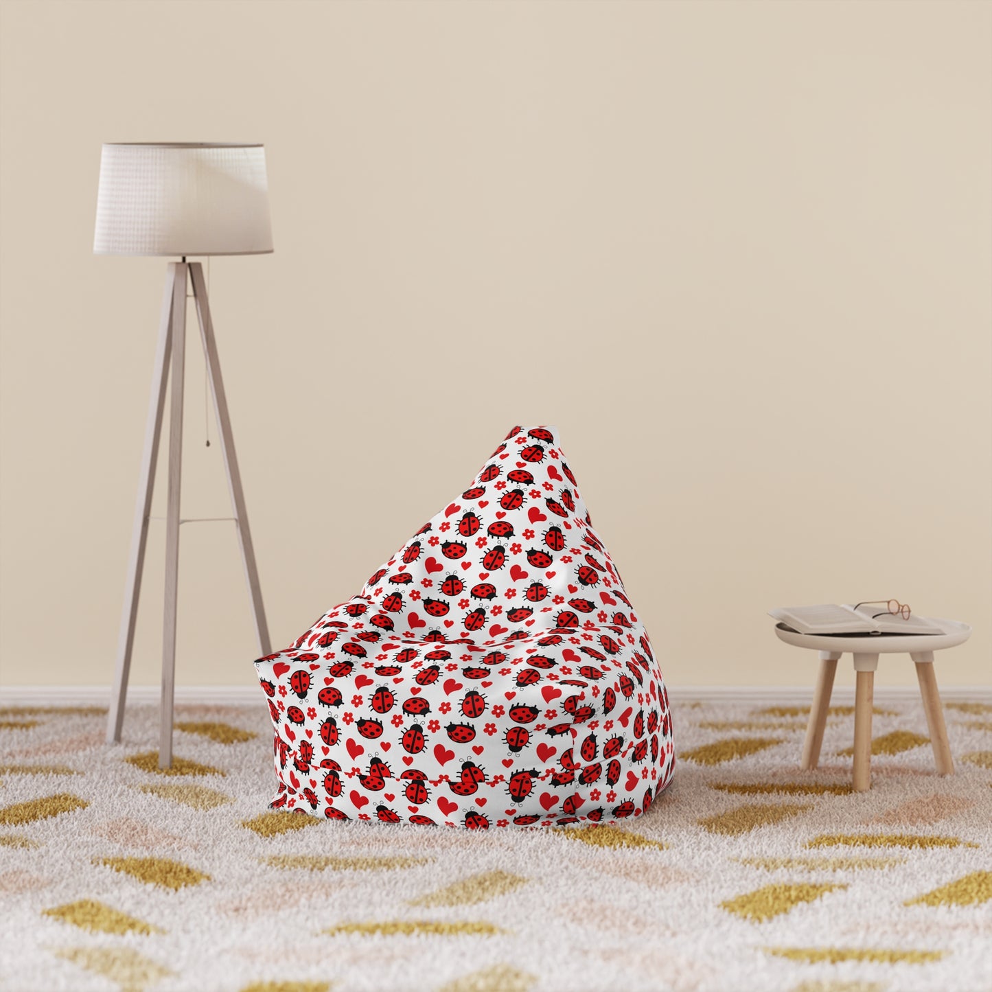 Ladybug Print Bean Bag Chair Cover - Charming Polyester Slipcover with Secure Zip