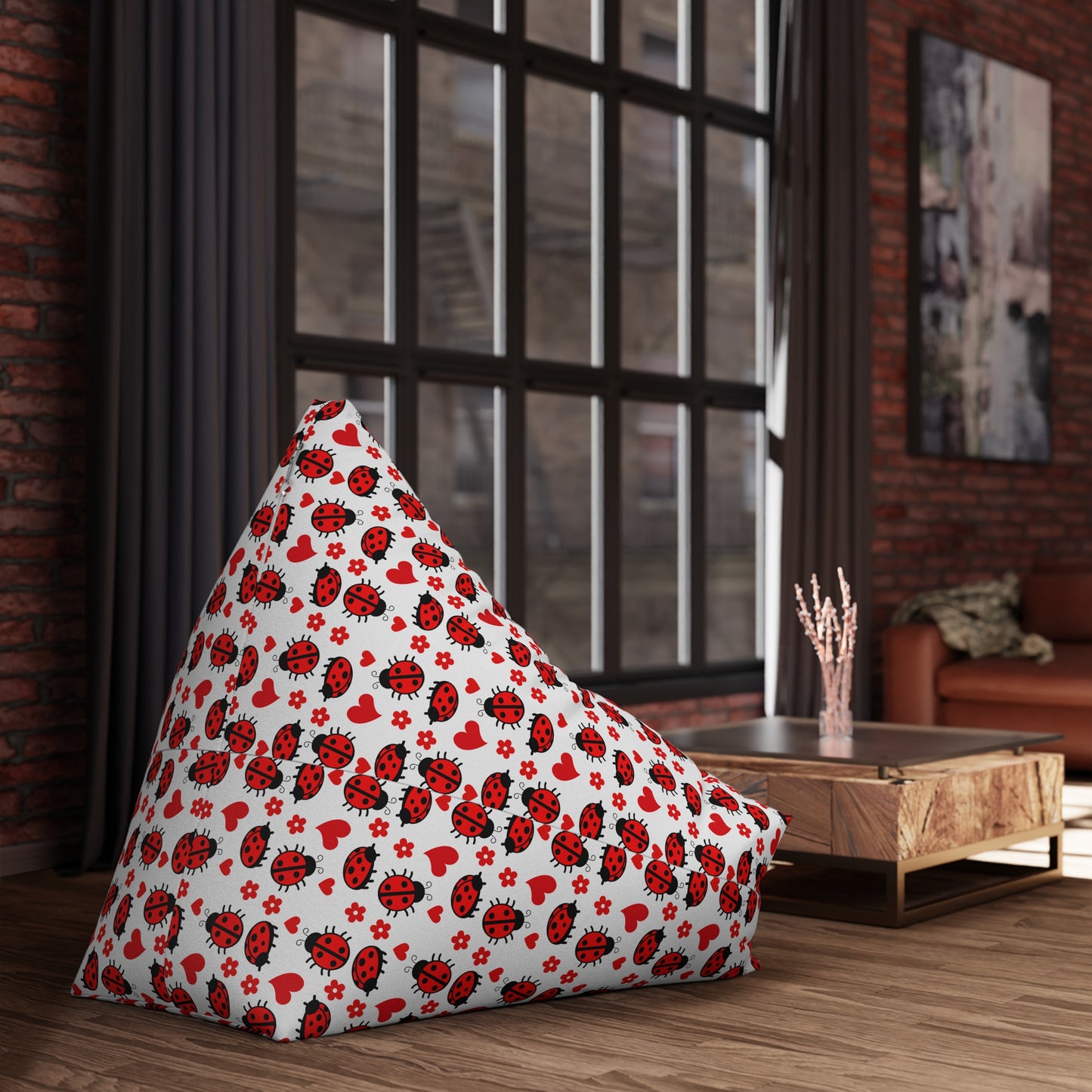 Ladybug Print Bean Bag Chair Cover - Charming Polyester Slipcover with Secure Zip
