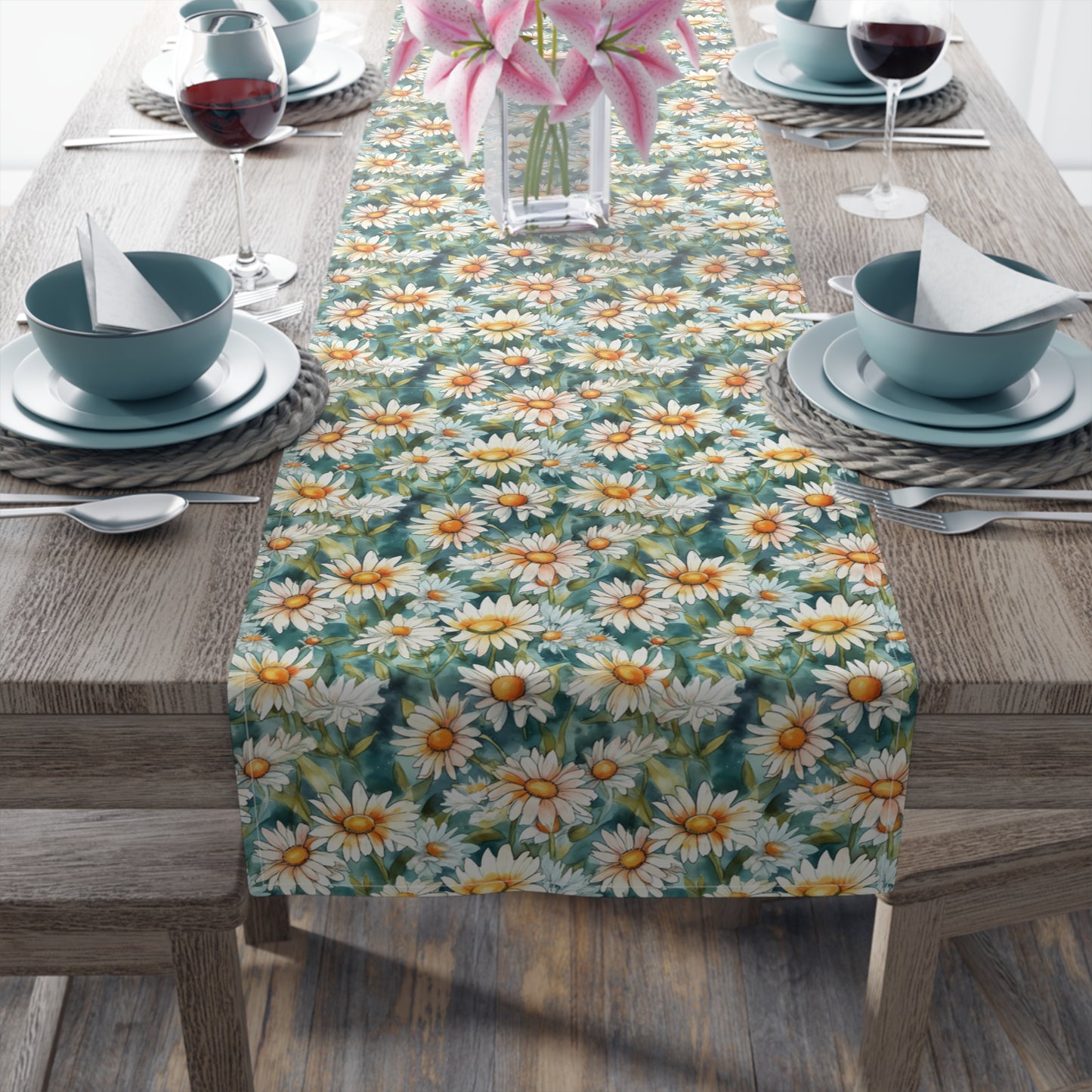 Daisy Print Table Runner - Fresh and Simple, Cotton Twill or Polyester - Perfect for Light & Airy Home Decor