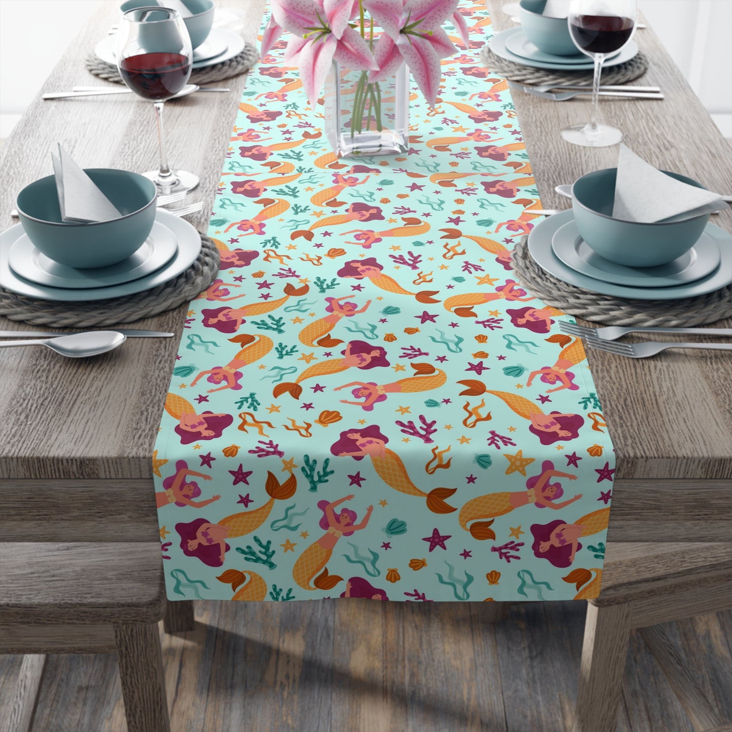 Mermaid Print Table Runner - Mystical Sea Charm, Cotton Twill or Polyester - Perfect for Enchanting Home Decor