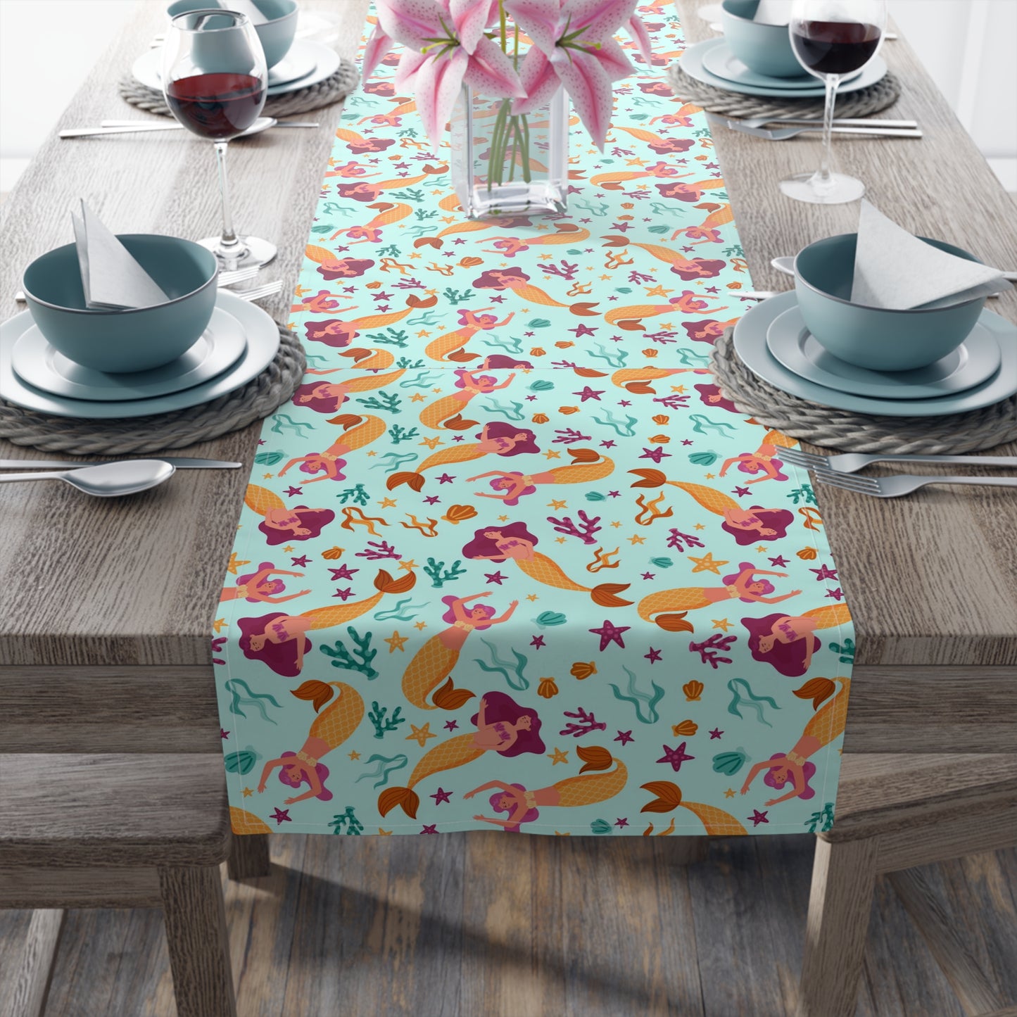 Mermaid Print Table Runner - Mystical Sea Charm, Cotton Twill or Polyester - Perfect for Enchanting Home Decor