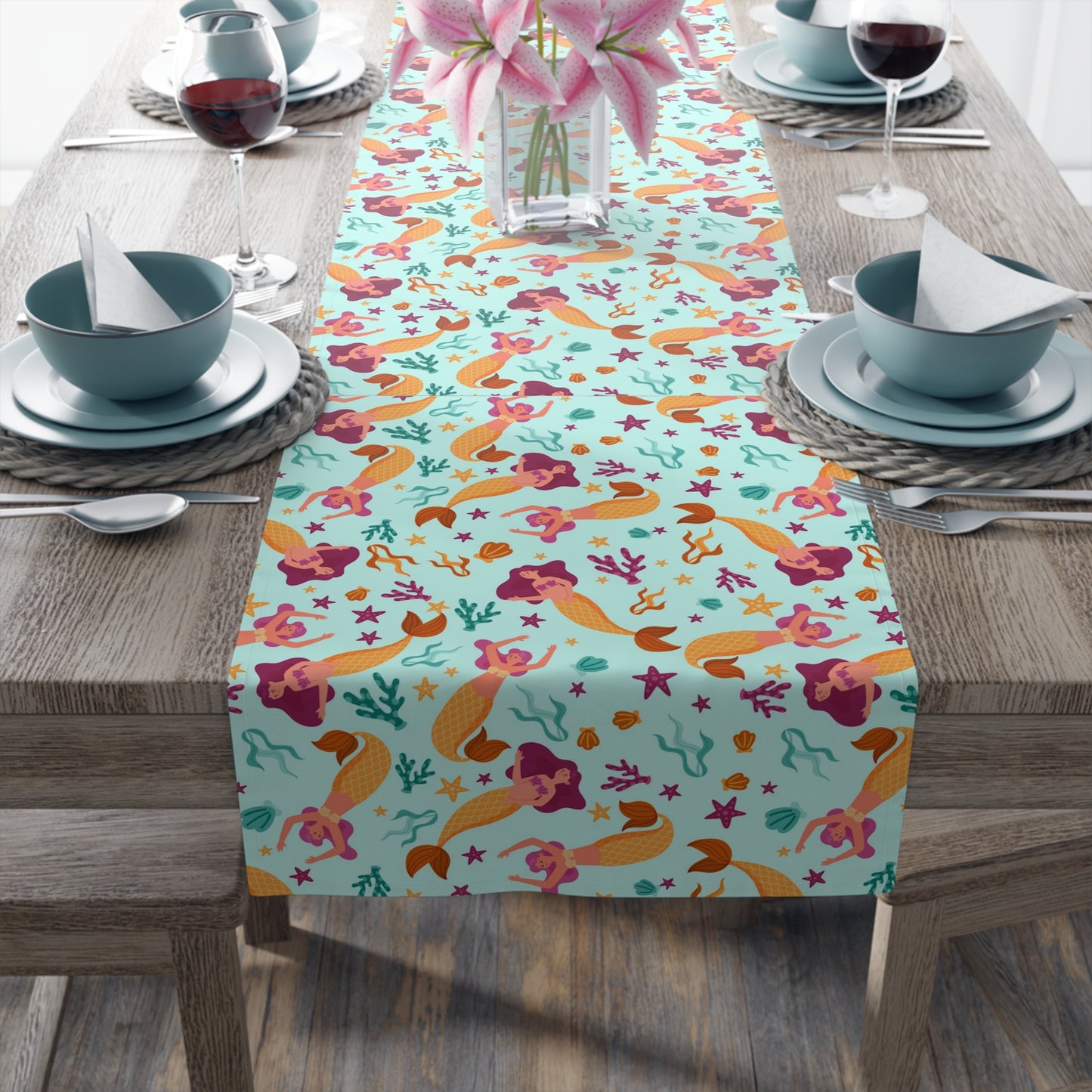 Mermaid Print Table Runner - Mystical Sea Charm, Cotton Twill or Polyester - Perfect for Enchanting Home Decor