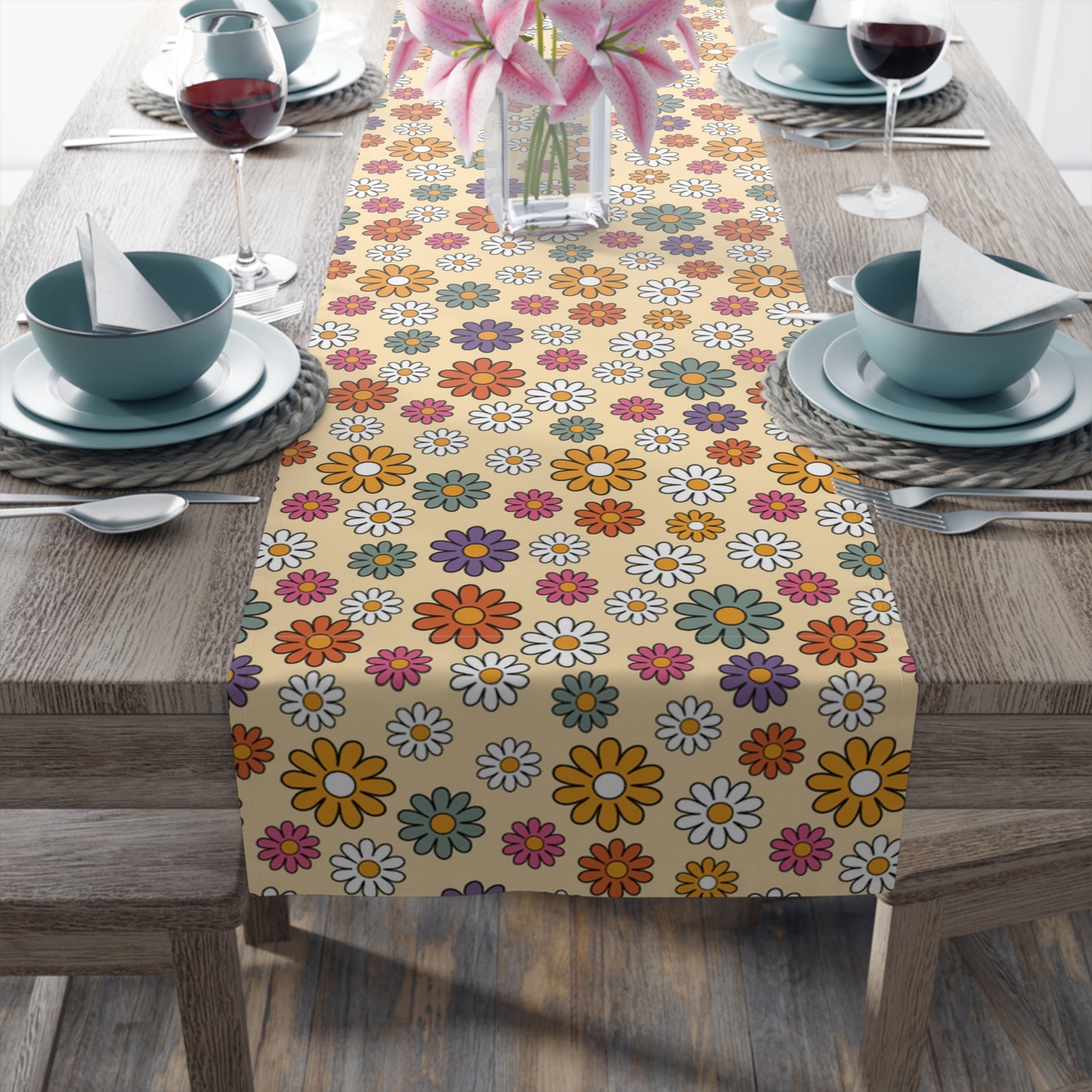 Retro Floral Print Table Runner - Vintage Vibes, Cotton Twill or Polyester - Perfect for Nostalgic & Chic Home Decor