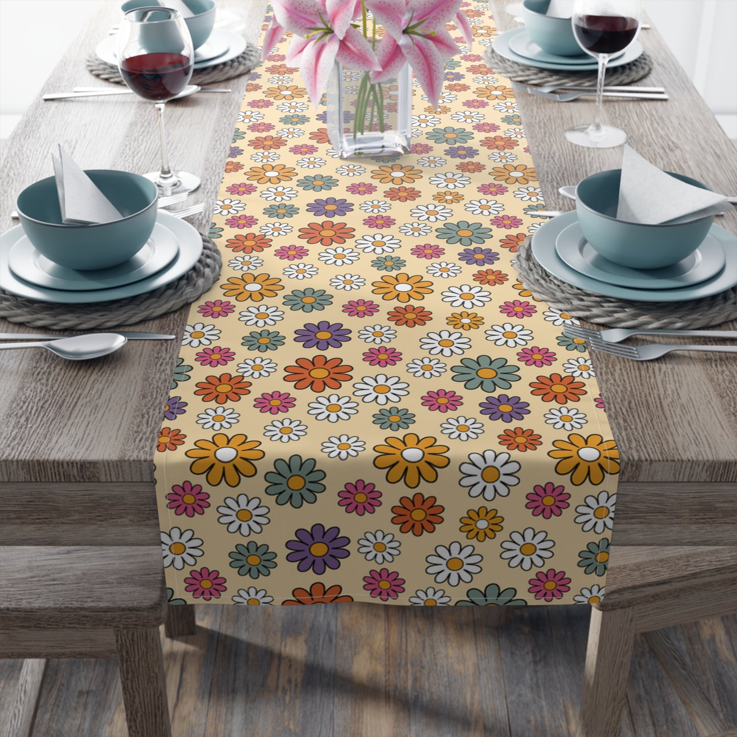Retro Floral Print Table Runner - Vintage Vibes, Cotton Twill or Polyester - Perfect for Nostalgic & Chic Home Decor