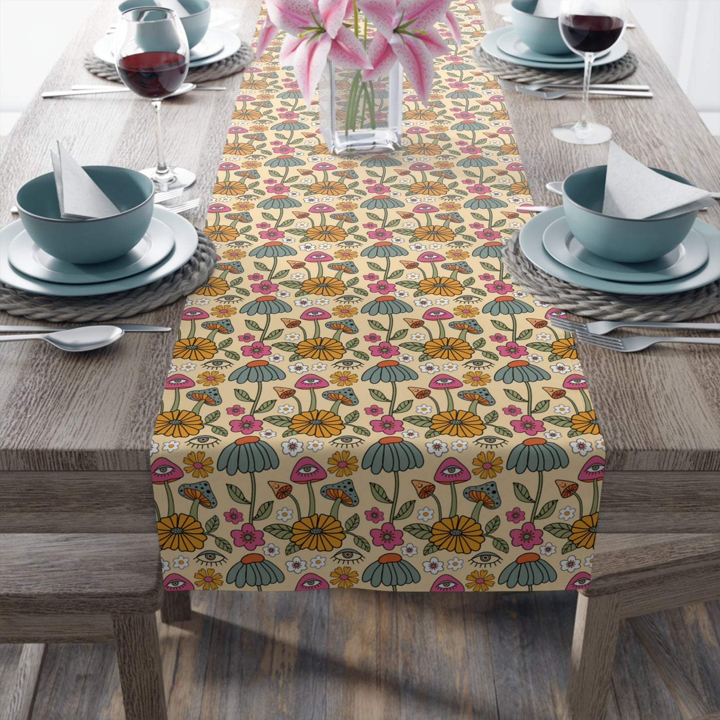 Retro Floral Print Table Runner - Vintage Vibes, Cotton Twill or Polyester - Perfect for Nostalgic & Chic Home Decor