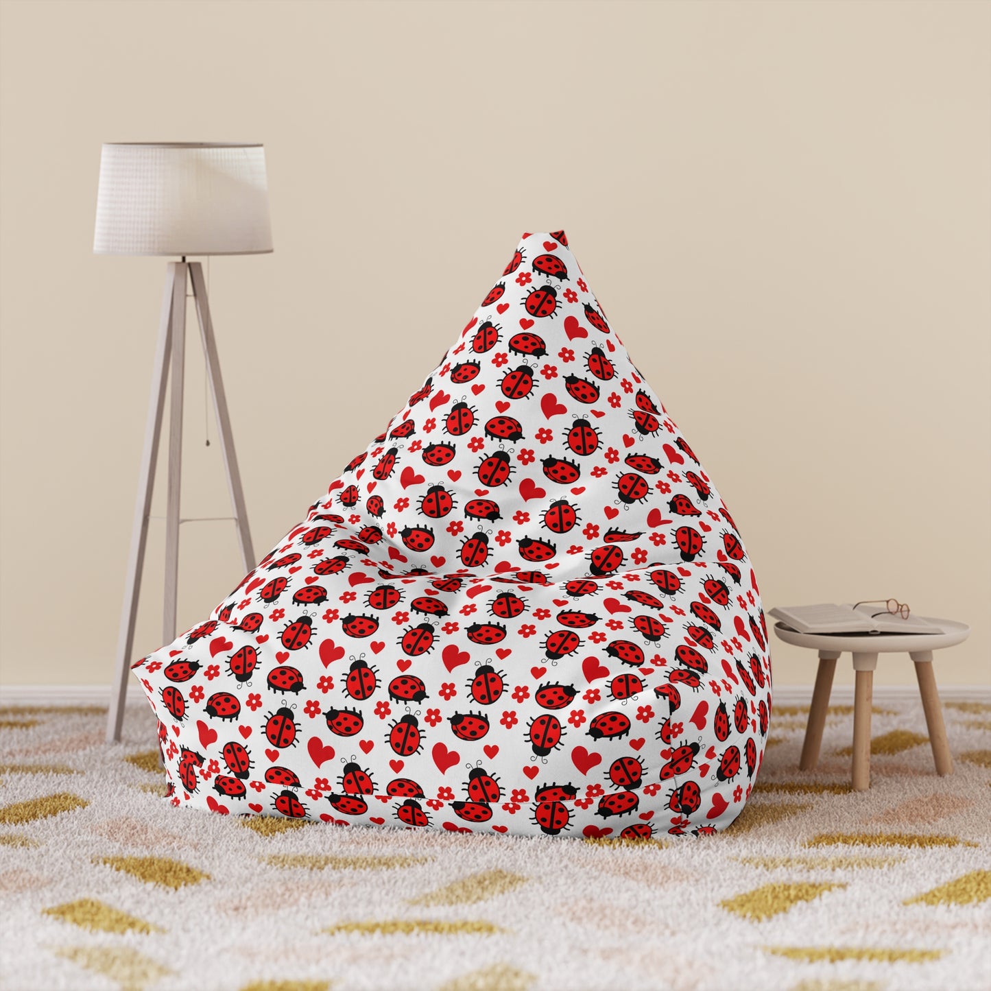 Ladybug Print Bean Bag Chair Cover - Charming Polyester Slipcover with Secure Zip