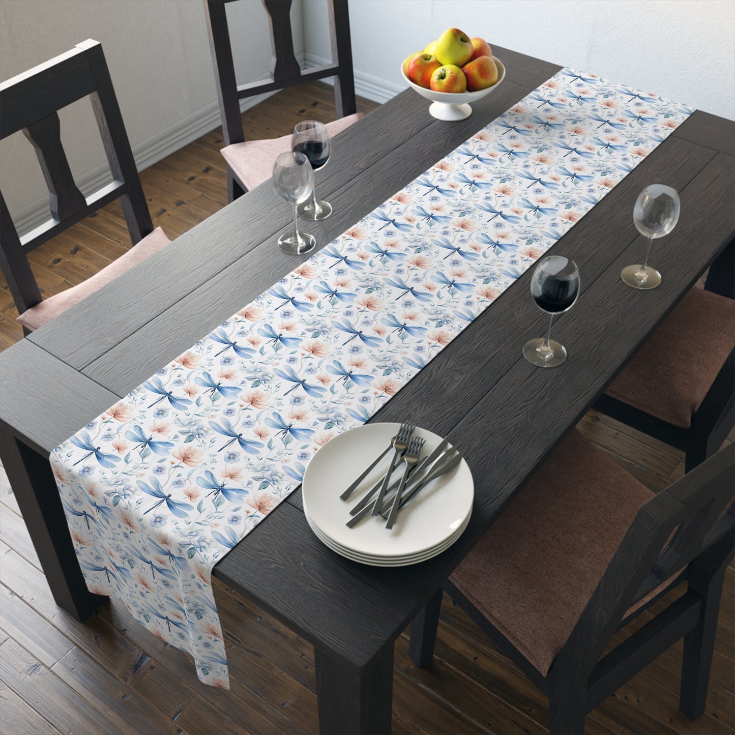 Dragonfly Print Table Runner - Elegant Whimsy, Cotton Twill or Polyester - Perfect for Nature-Inspired Home Decor