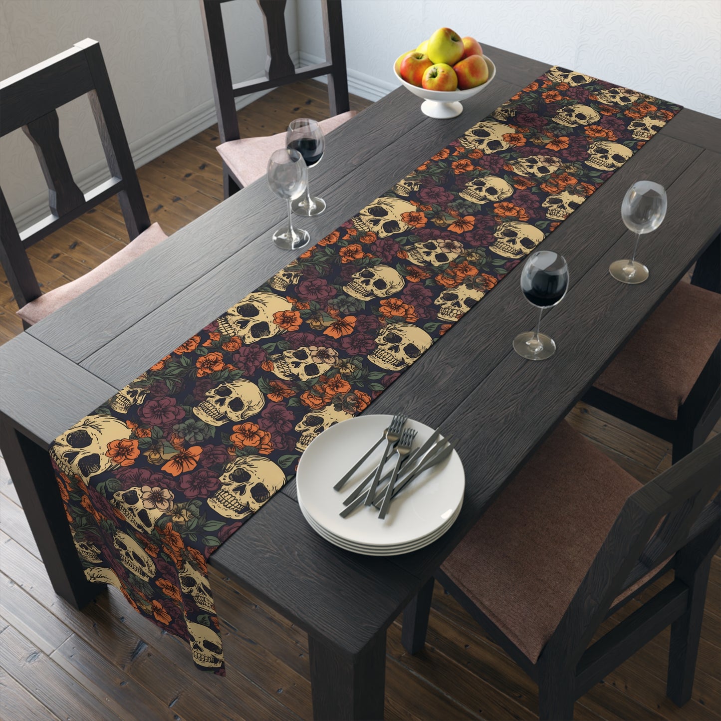 Skull Print Table Runner - Bold Cotton Twill or Sleek Polyester - Ideal for Gothic & Edgy Home Decor