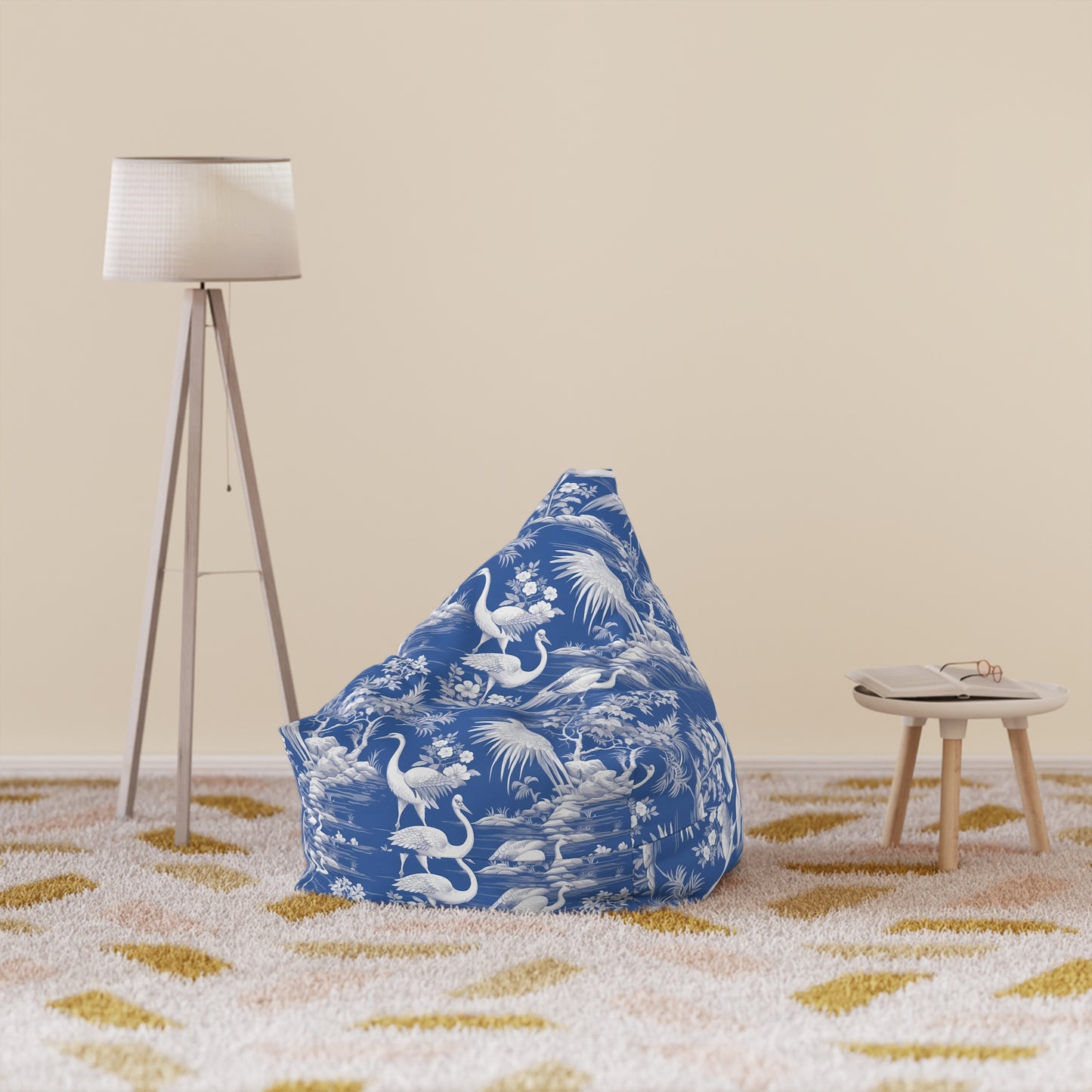 Chinoiserie Bean Bag Chair Cover - Elegant Oriental-Inspired Polyester Slipcover with Secure Zip - Fits Various Sizes