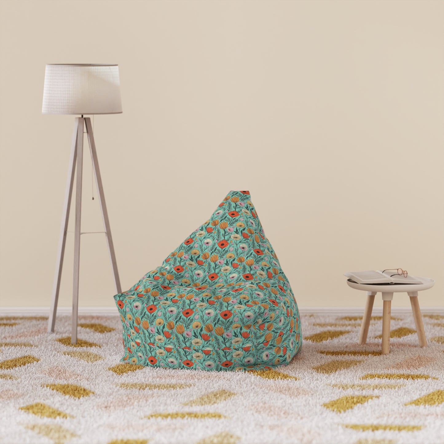 Boho Floral Bean Bag Chair Cover - Durable Polyester, Locking Zipper, 2 Sizes