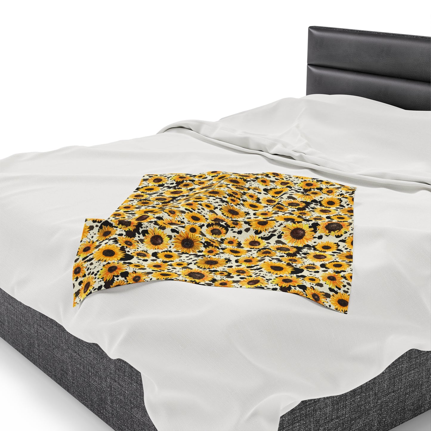 Sunflower Cow Print Velveteen Plush Blanket | Soft, Stylish, Luxurious and Comforting | Available in Multiple Sizes