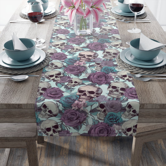 Skull Print Table Runner - Bold Cotton Twill or Sleek Polyester - Ideal for Gothic & Edgy Home Decor