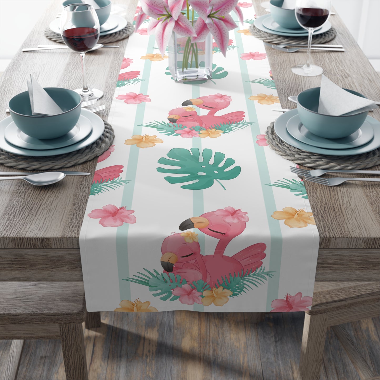 Flamingo Print Table Runner - Vibrant Elegance, Cotton Twill or Polyester - Perfect for Tropical Home Decor