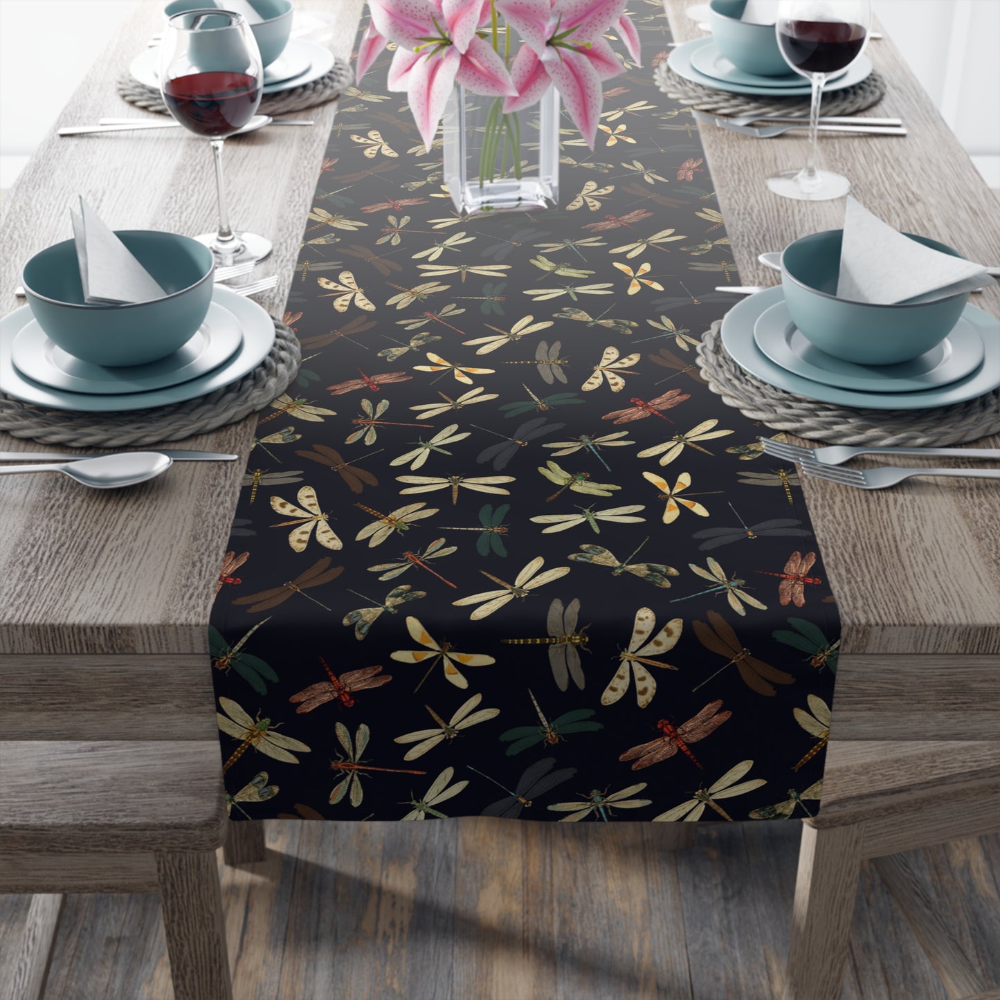 Dragonfly Print Table Runner - Elegant Whimsy, Cotton Twill or Polyester - Perfect for Nature-Inspired Home Decor
