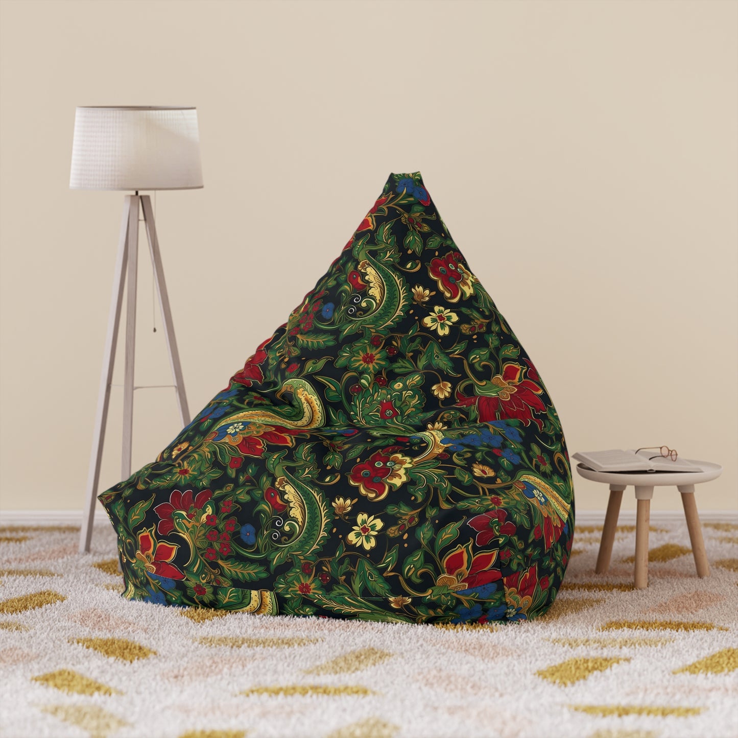 Chinoiserie Bean Bag Chair Cover - Elegant Oriental-Inspired Polyester Slipcover with Secure Zip - Fits Various Sizes