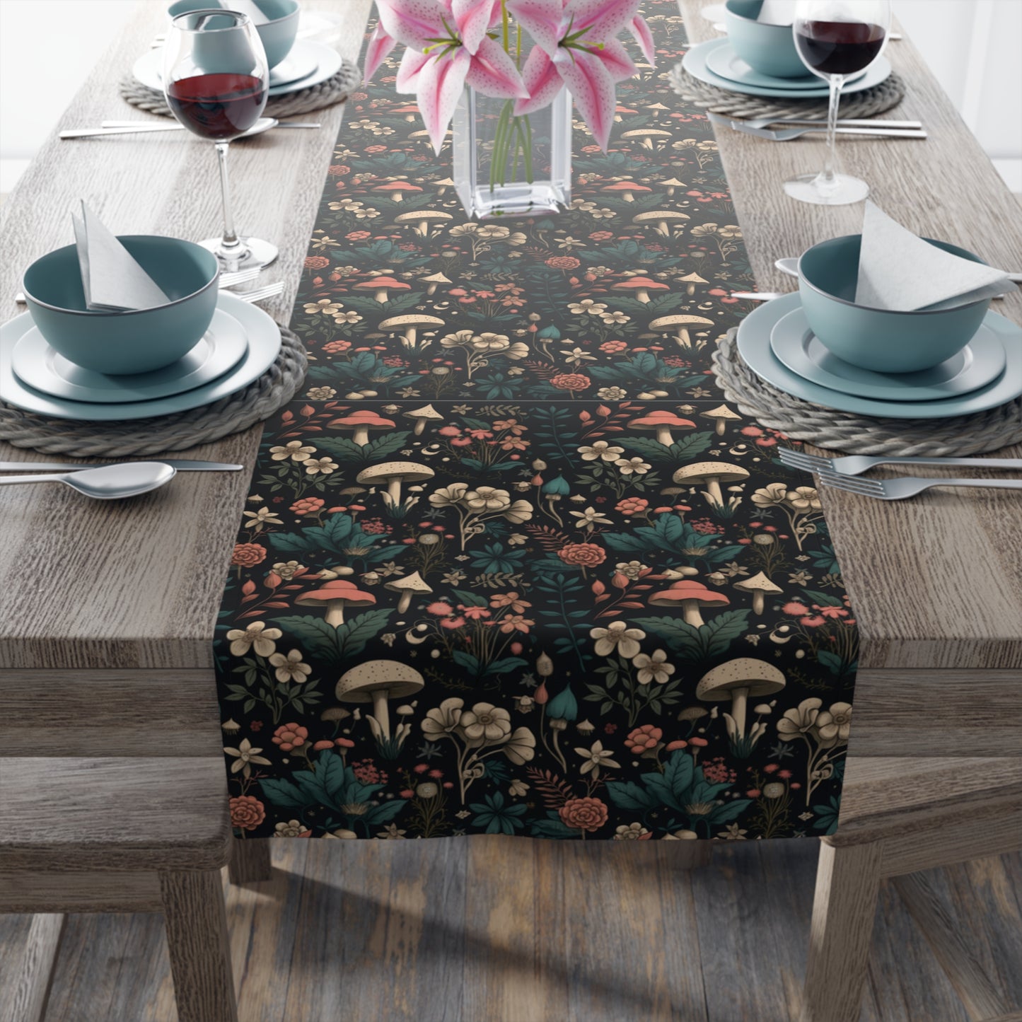 Mushroom Print Table Runner - Nature Vibes in Cotton Twill or Polyester - Perfect for Nature-Inspired Home Decor