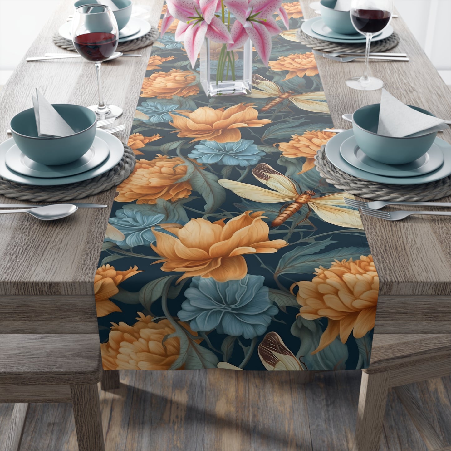 Dragonfly Print Table Runner - Elegant Whimsy, Cotton Twill or Polyester - Perfect for Nature-Inspired Home Decor
