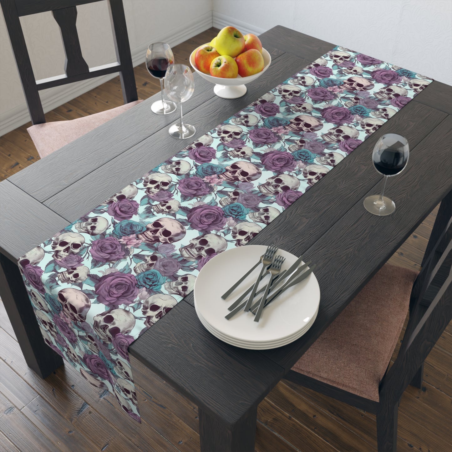 Skull Print Table Runner - Bold Cotton Twill or Sleek Polyester - Ideal for Gothic & Edgy Home Decor