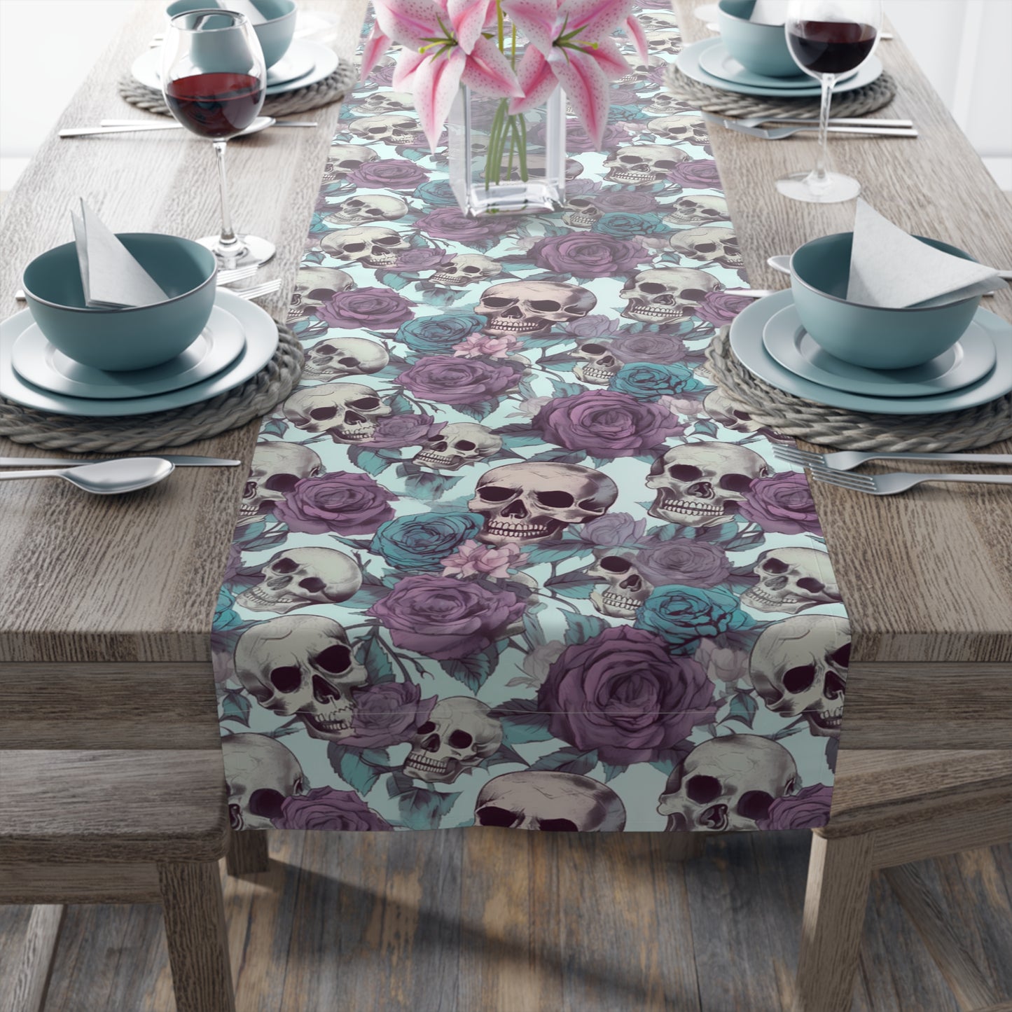 Skull Print Table Runner - Bold Cotton Twill or Sleek Polyester - Ideal for Gothic & Edgy Home Decor
