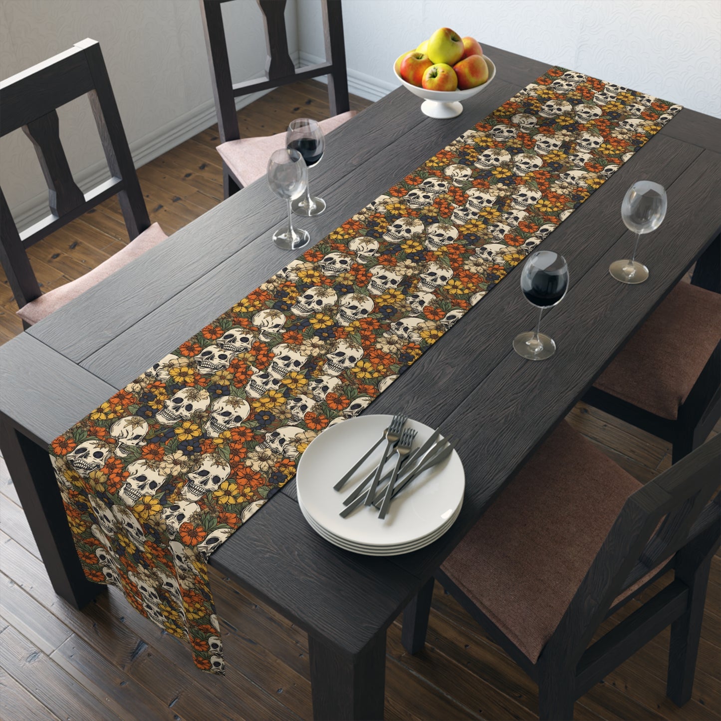 Skull Print Table Runner - Bold Cotton Twill or Sleek Polyester - Ideal for Gothic & Edgy Home Decor