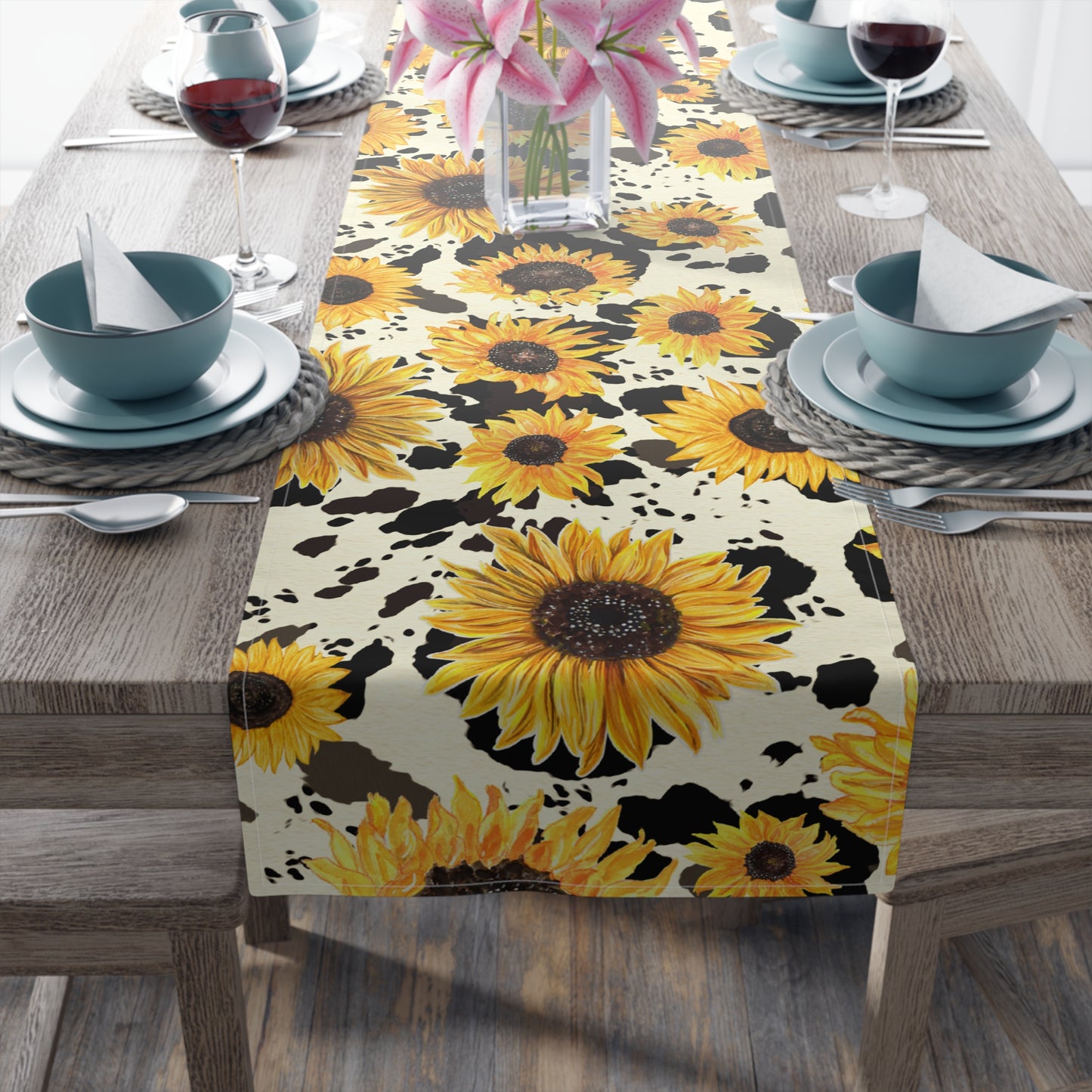 Cow Print Table Runner - Chic Farmhouse Style, Available in Cotton Twill or Polyester - Elevate Your Home Decor