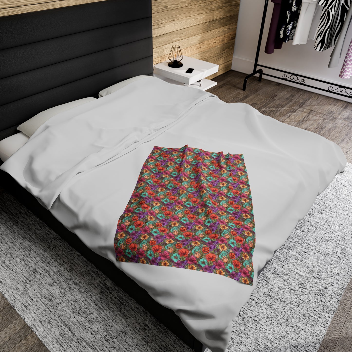 Boho Floral Velveteen Plush Blanket | Soft, Artistic, Luxurious and Comforting | Available in Multiple Sizes