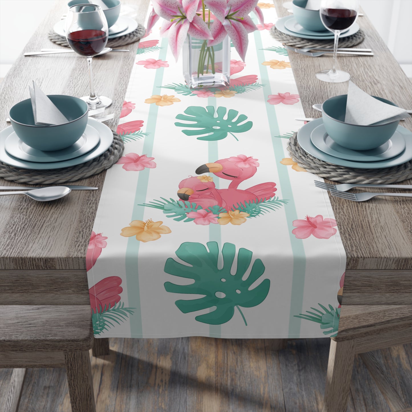 Flamingo Print Table Runner - Vibrant Elegance, Cotton Twill or Polyester - Perfect for Tropical Home Decor