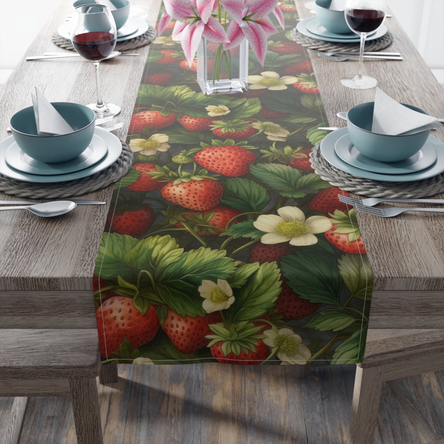 Strawberry Print Table Runner - Sweet Charm, Cotton Twill or Polyester - Perfect for Summer & Whimsical Home Decor