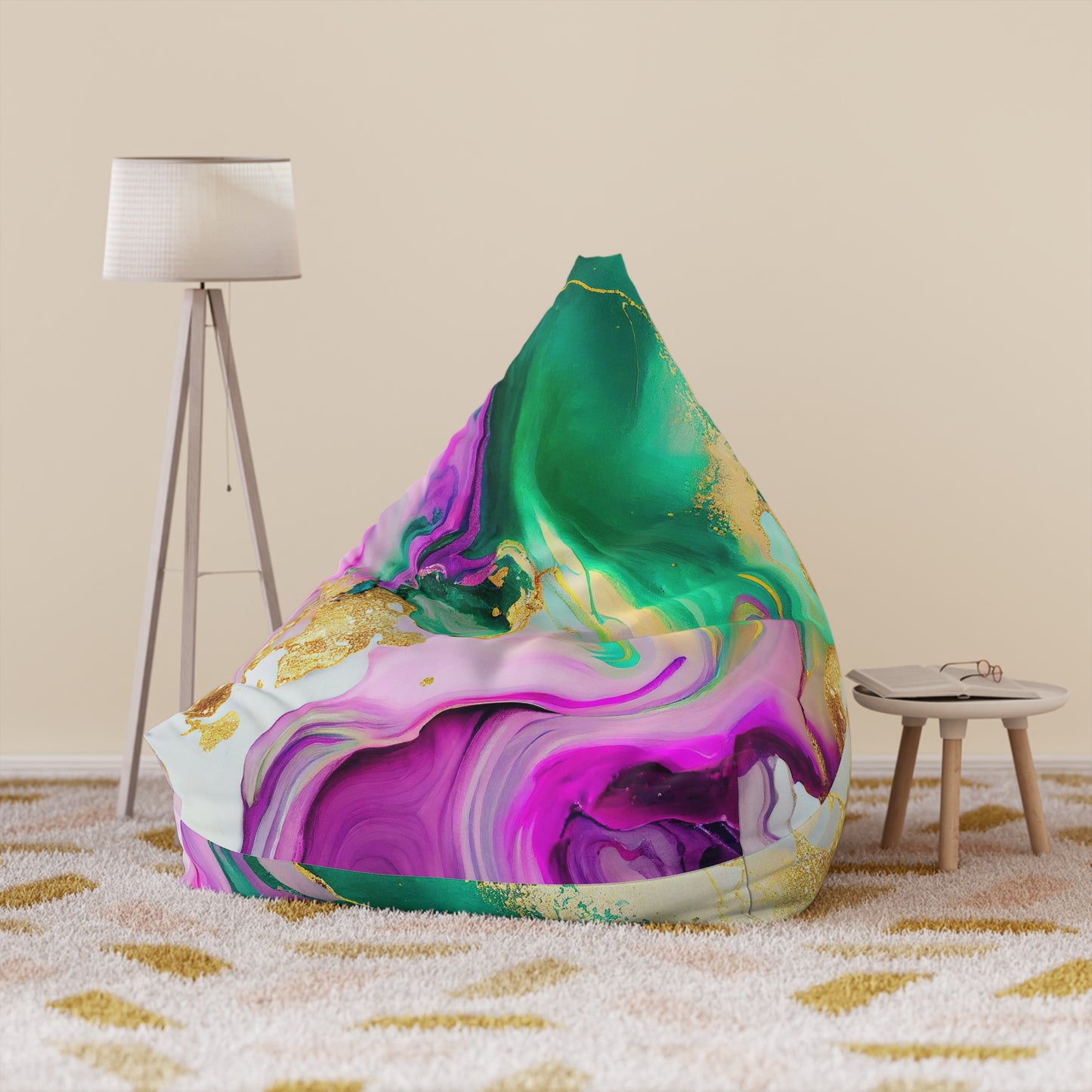 Marble Print Bean Bag Chair Cover - Elegant Polyester Slipcover with Secure Zip - Fits Various Sizes