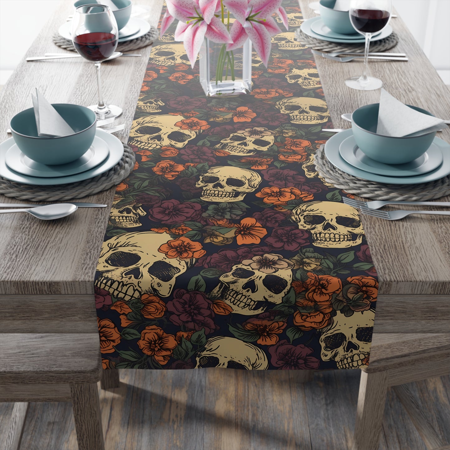 Skull Print Table Runner - Bold Cotton Twill or Sleek Polyester - Ideal for Gothic & Edgy Home Decor