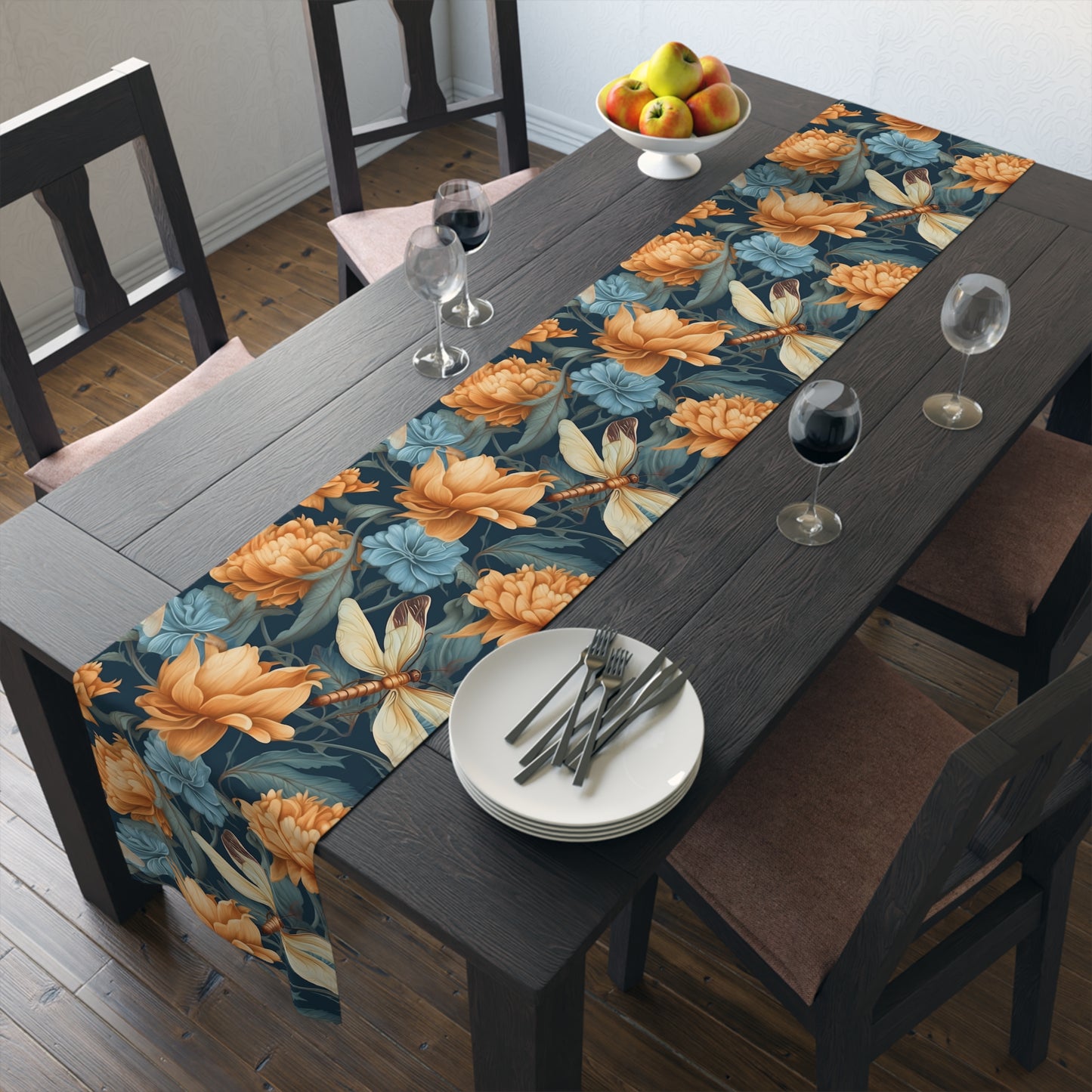 Dragonfly Print Table Runner - Elegant Whimsy, Cotton Twill or Polyester - Perfect for Nature-Inspired Home Decor