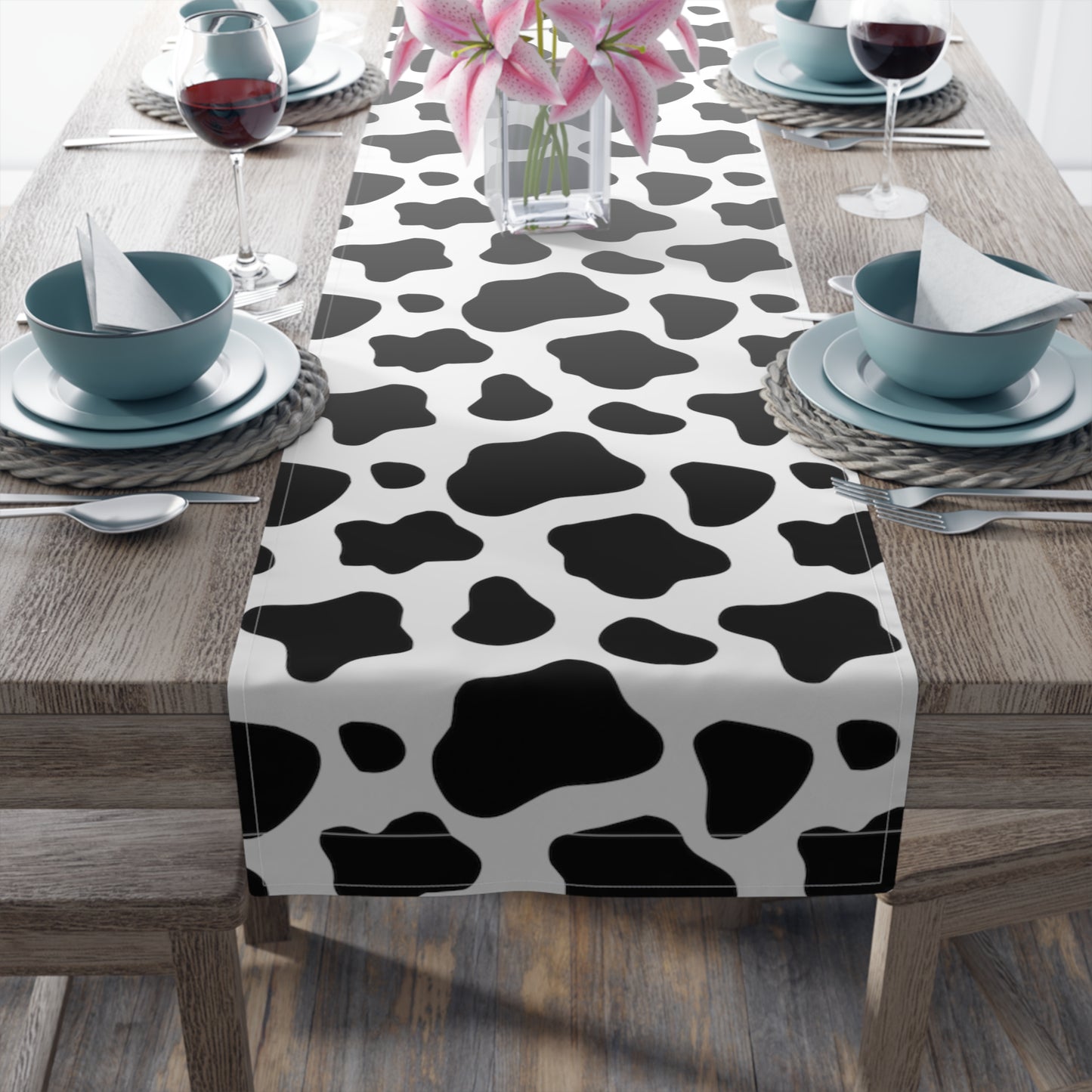 Cow Print Table Runner - Chic Farmhouse Style, Available in Cotton Twill or Polyester - Elevate Your Home Decor