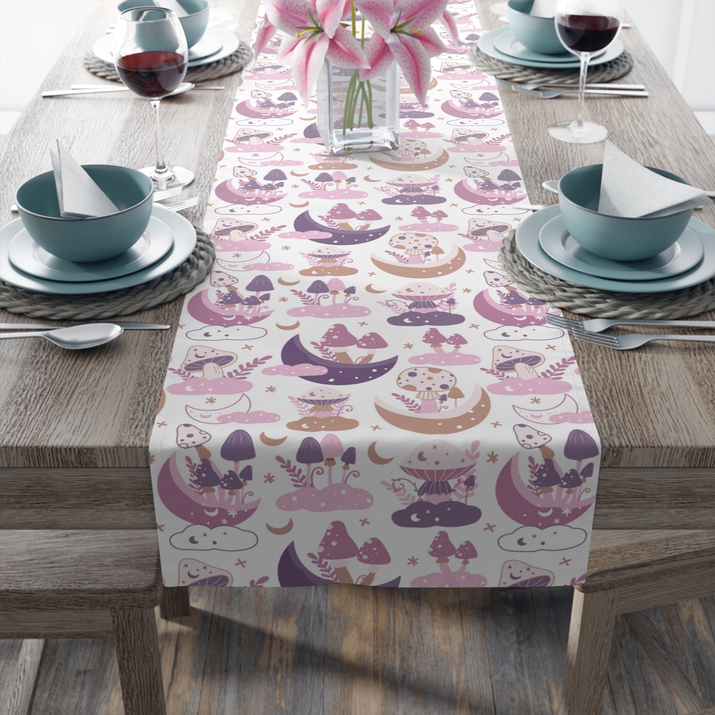 Mushroom Print Table Runner - Nature Vibes in Cotton Twill or Polyester - Perfect for Nature-Inspired Home Decor