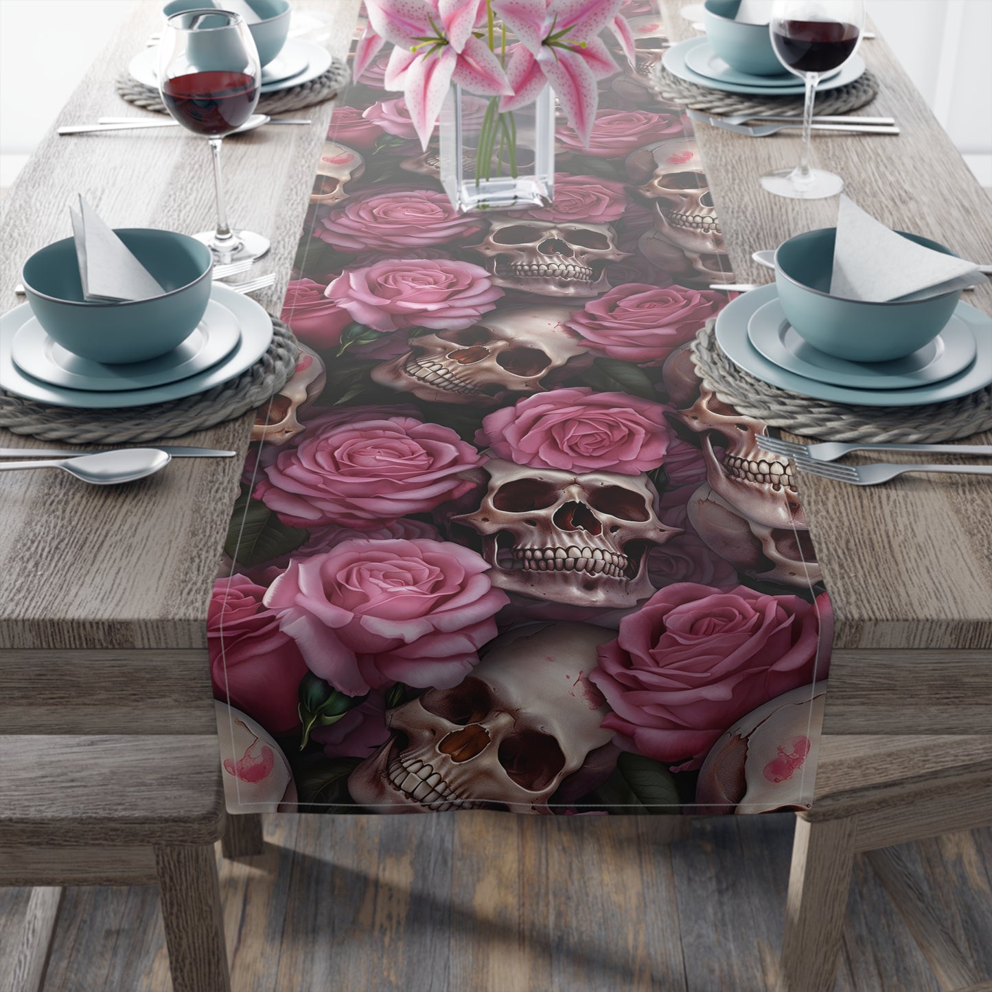 Skull Print Table Runner - Bold Cotton Twill or Sleek Polyester - Ideal for Gothic & Edgy Home Decor