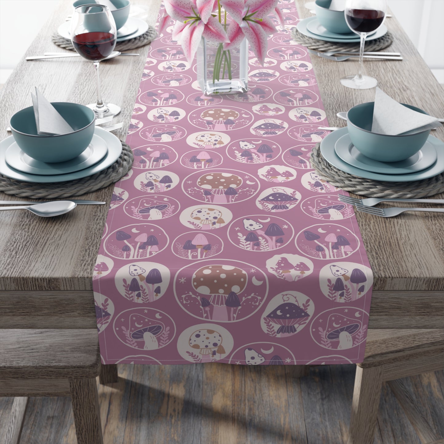 Mushroom Print Table Runner - Nature Vibes in Cotton Twill or Polyester - Perfect for Nature-Inspired Home Decor