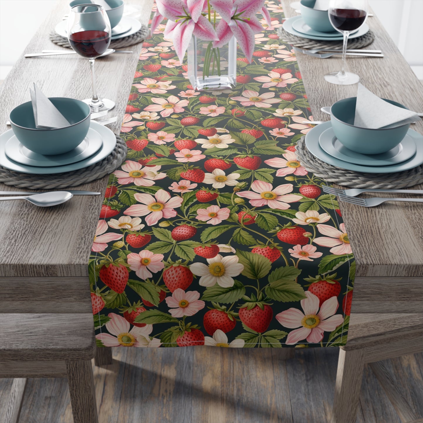 Strawberry Print Table Runner - Sweet Charm, Cotton Twill or Polyester - Perfect for Summer & Whimsical Home Decor