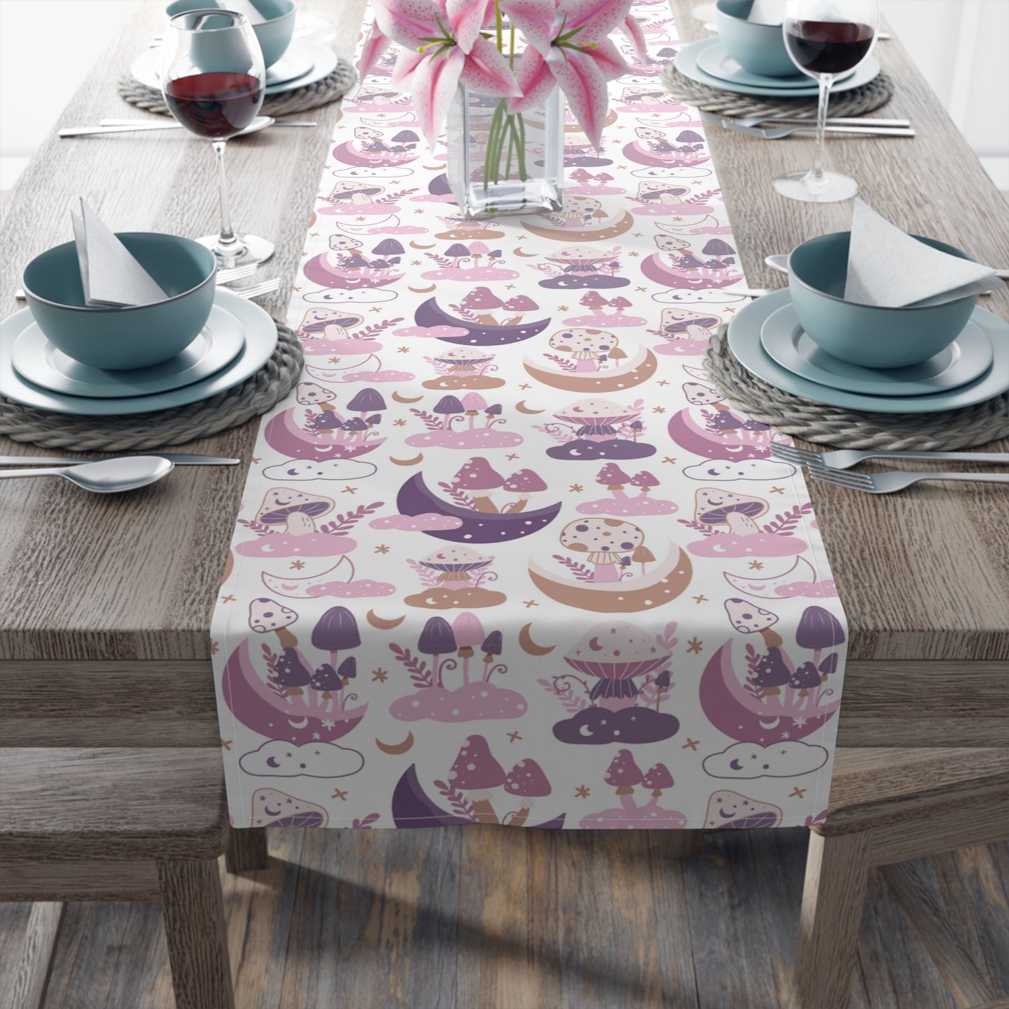 Mushroom Print Table Runner - Nature Vibes in Cotton Twill or Polyester - Perfect for Nature-Inspired Home Decor
