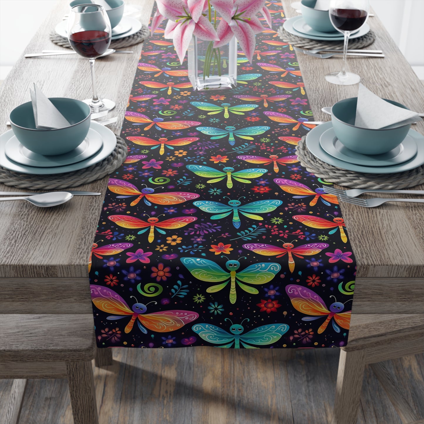 Dragonfly Print Table Runner - Elegant Whimsy, Cotton Twill or Polyester - Perfect for Nature-Inspired Home Decor