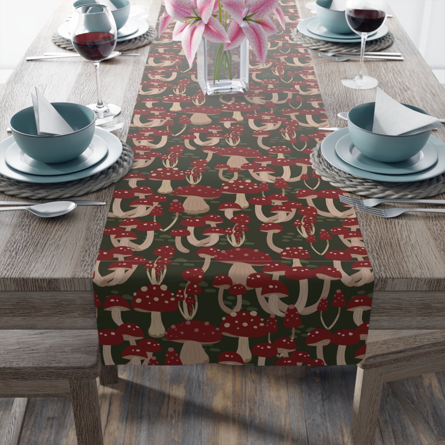 Mushroom Print Table Runner - Nature Vibes in Cotton Twill or Polyester - Perfect for Nature-Inspired Home Decor