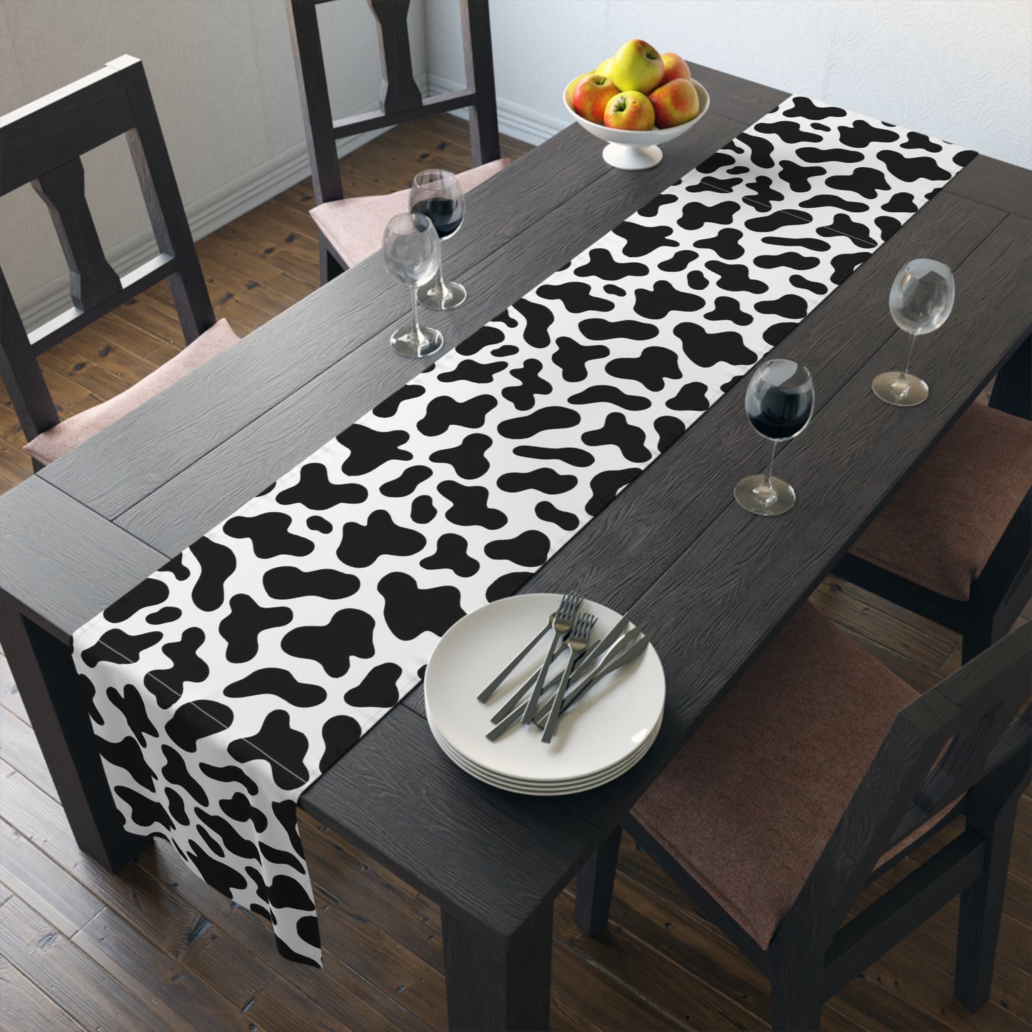 Cow Print Table Runner - Chic Farmhouse Style, Available in Cotton Twill or Polyester - Elevate Your Home Decor