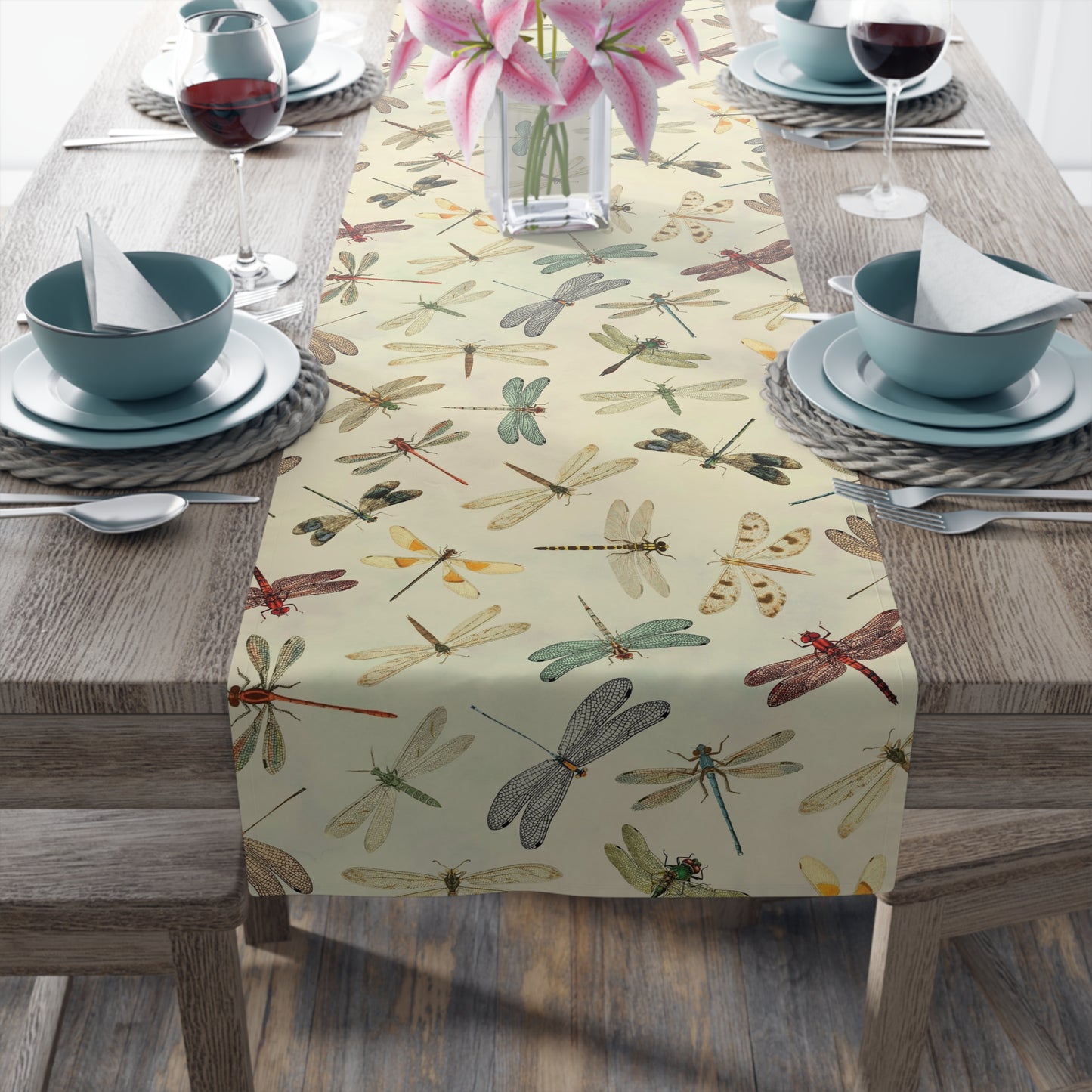 Dragonfly Print Table Runner - Elegant Whimsy, Cotton Twill or Polyester - Perfect for Nature-Inspired Home Decor
