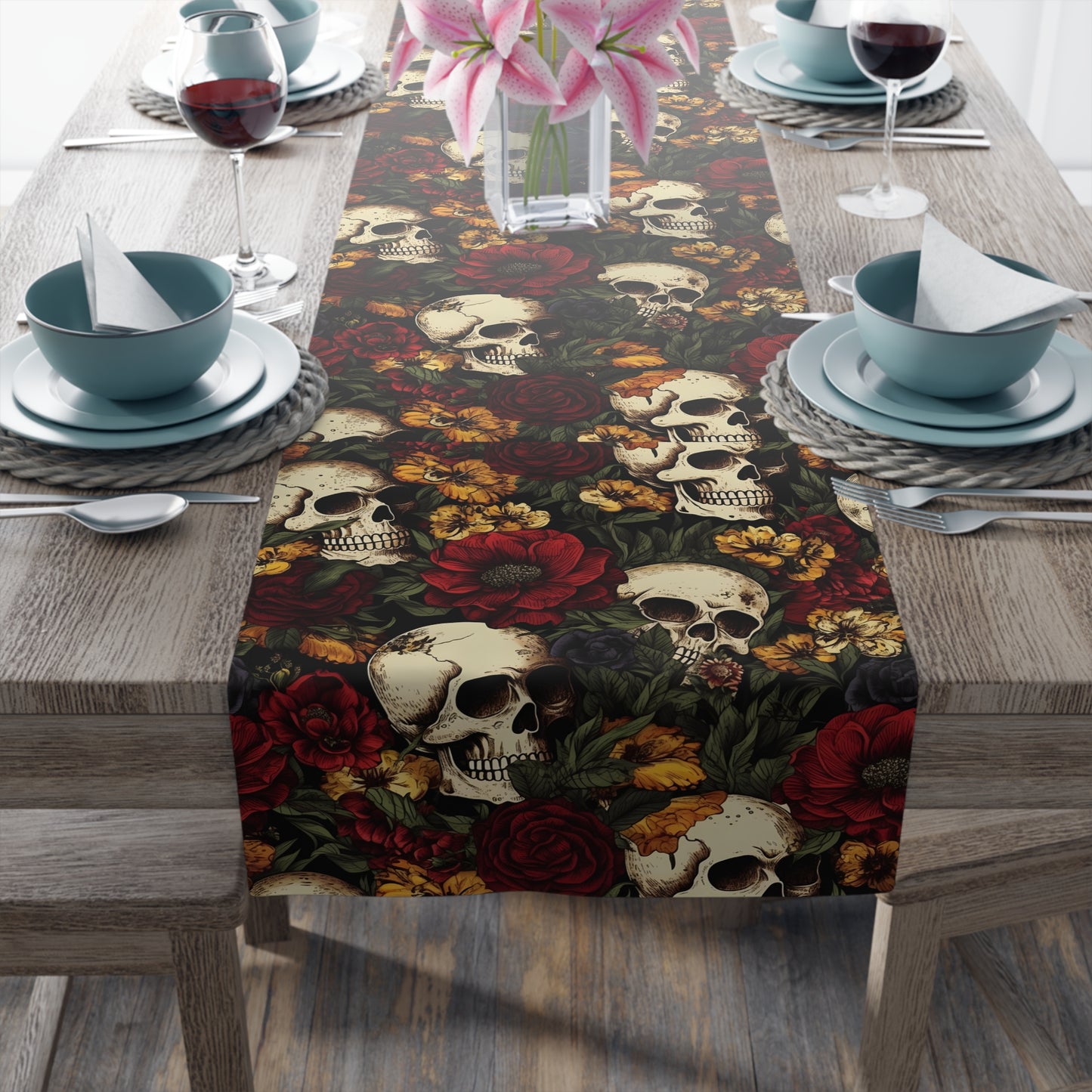 Skull Print Table Runner - Bold Cotton Twill or Sleek Polyester - Ideal for Gothic & Edgy Home Decor