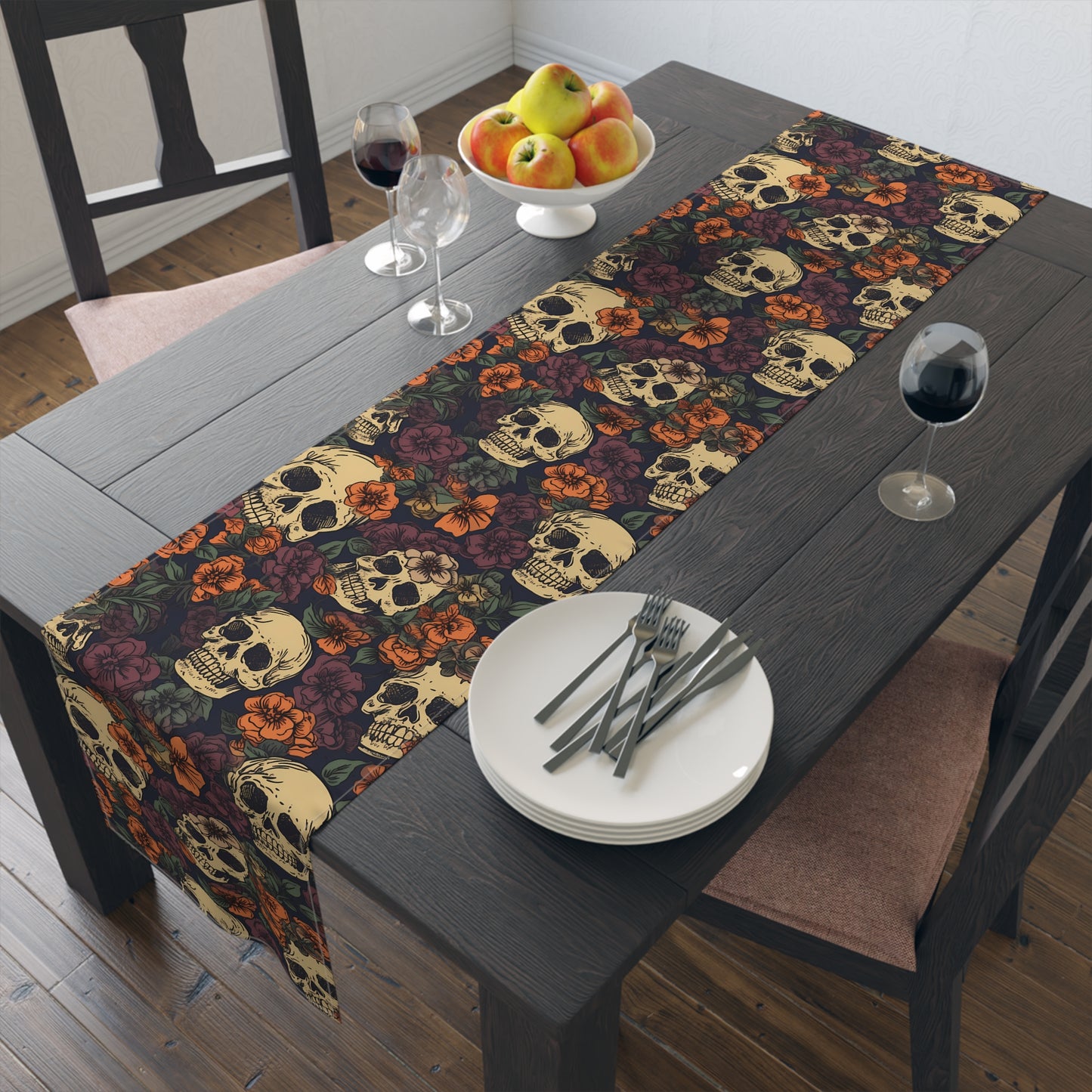 Skull Print Table Runner - Bold Cotton Twill or Sleek Polyester - Ideal for Gothic & Edgy Home Decor